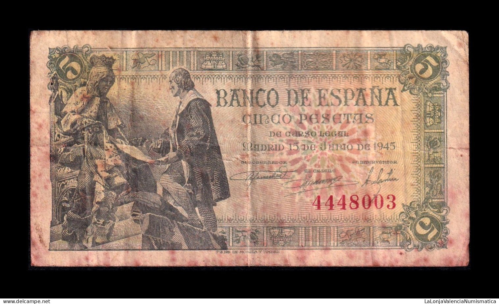 España Spain 5 Pesetas Capitulaciones 1945 Pick 129a Sin Serie Bc F - 5 Pesetas