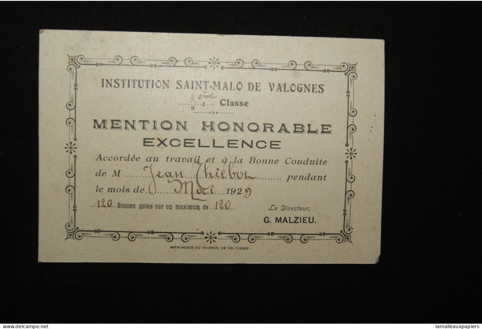 Prix D'excellence Institut Saint Malo (Valognes/dpt 50) 1929 - Diplômes & Bulletins Scolaires