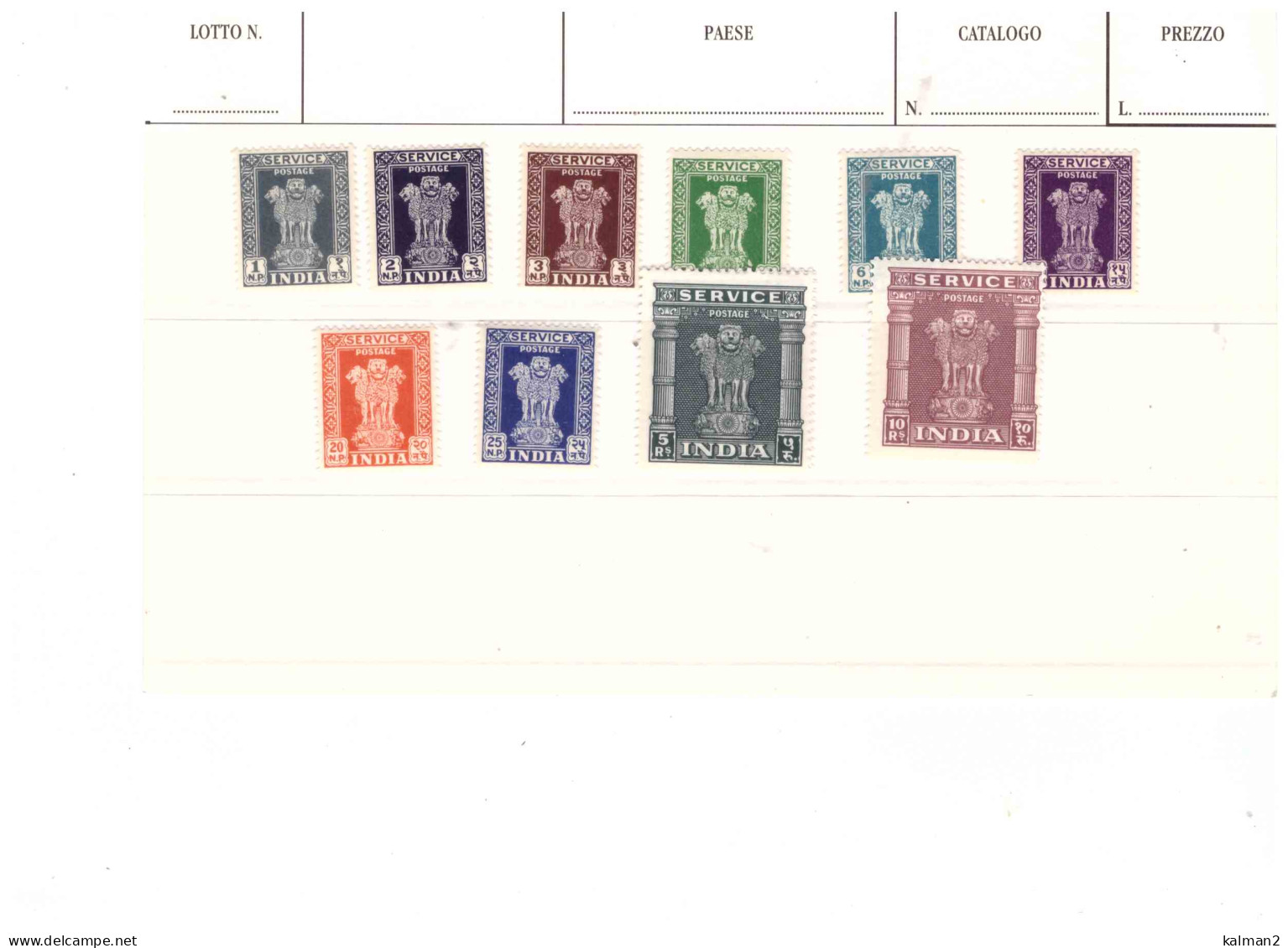 A87  -  INDIA -  10 FRANCOBOLLI DI SERVIZIO DIFFERENTI E SENZA LINGUELLA - Dienstzegels