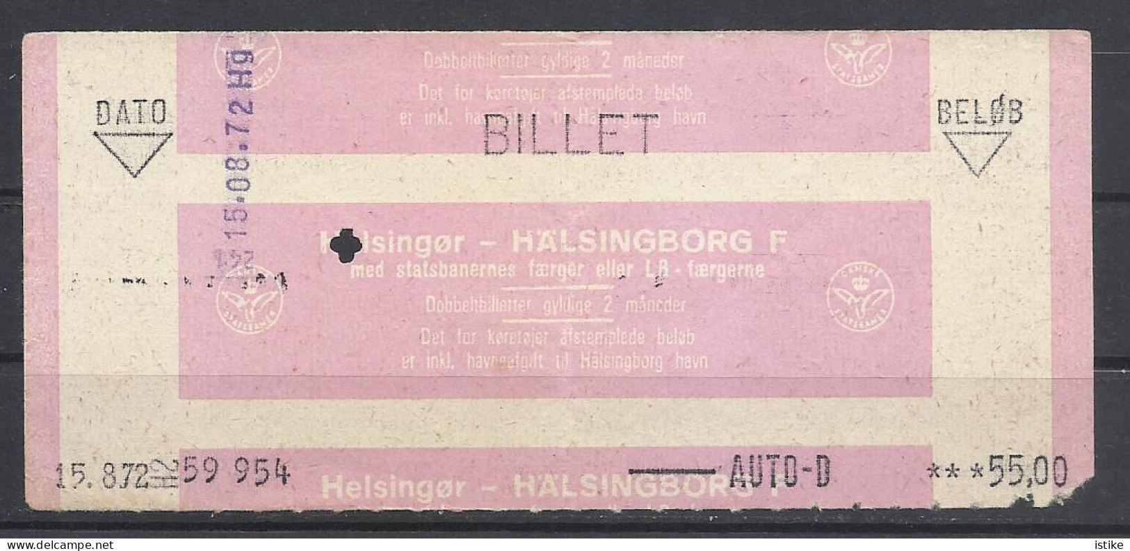 Denmark To Sweden, Ferry Ticket, "Auto-D", 55.00, 1972. - Europe