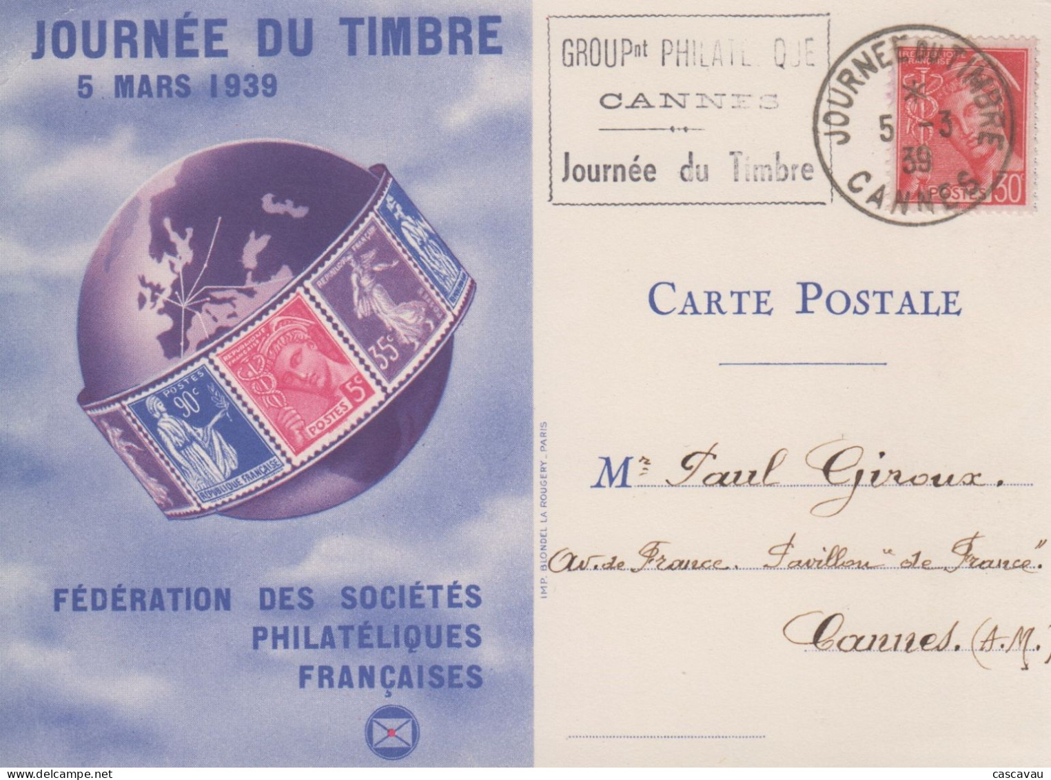 Carte   FRANCE   Journée  Du  Timbre    CANNES    1939 - 1930-1939
