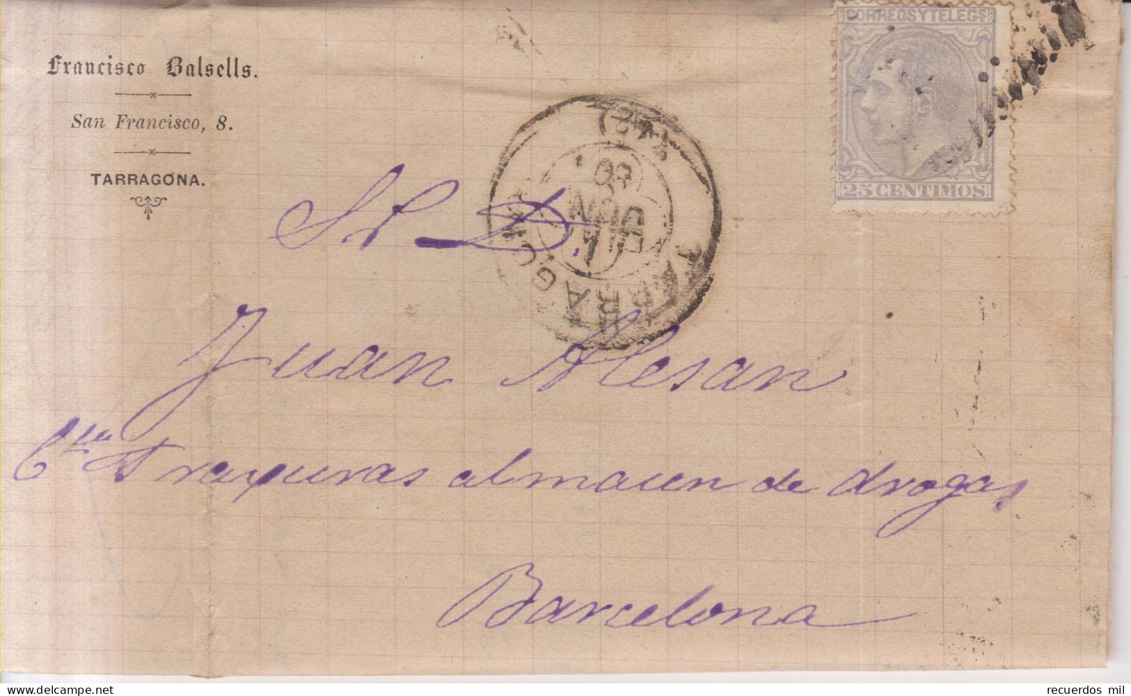 Año 1879 Edifil 204 Alfonso XII Carta Matasellos Tarragona Membrete Francisco Balsells - Storia Postale