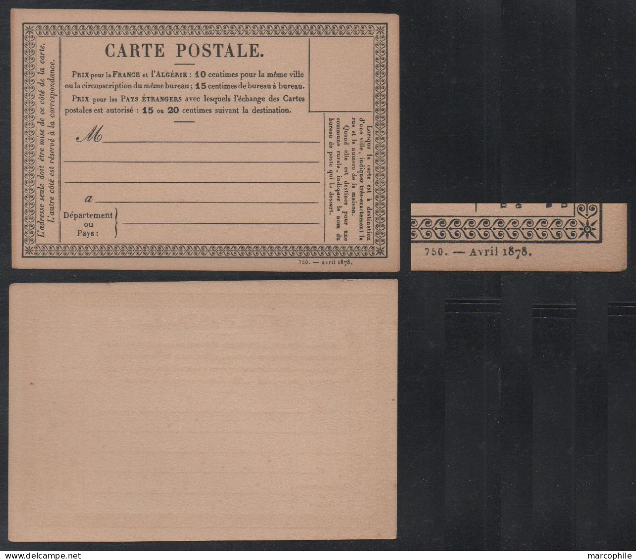 CARTE PRECURSEUR / 1878 "750 AVRIL 1878"  (ref 8918) - Cartes Précurseurs