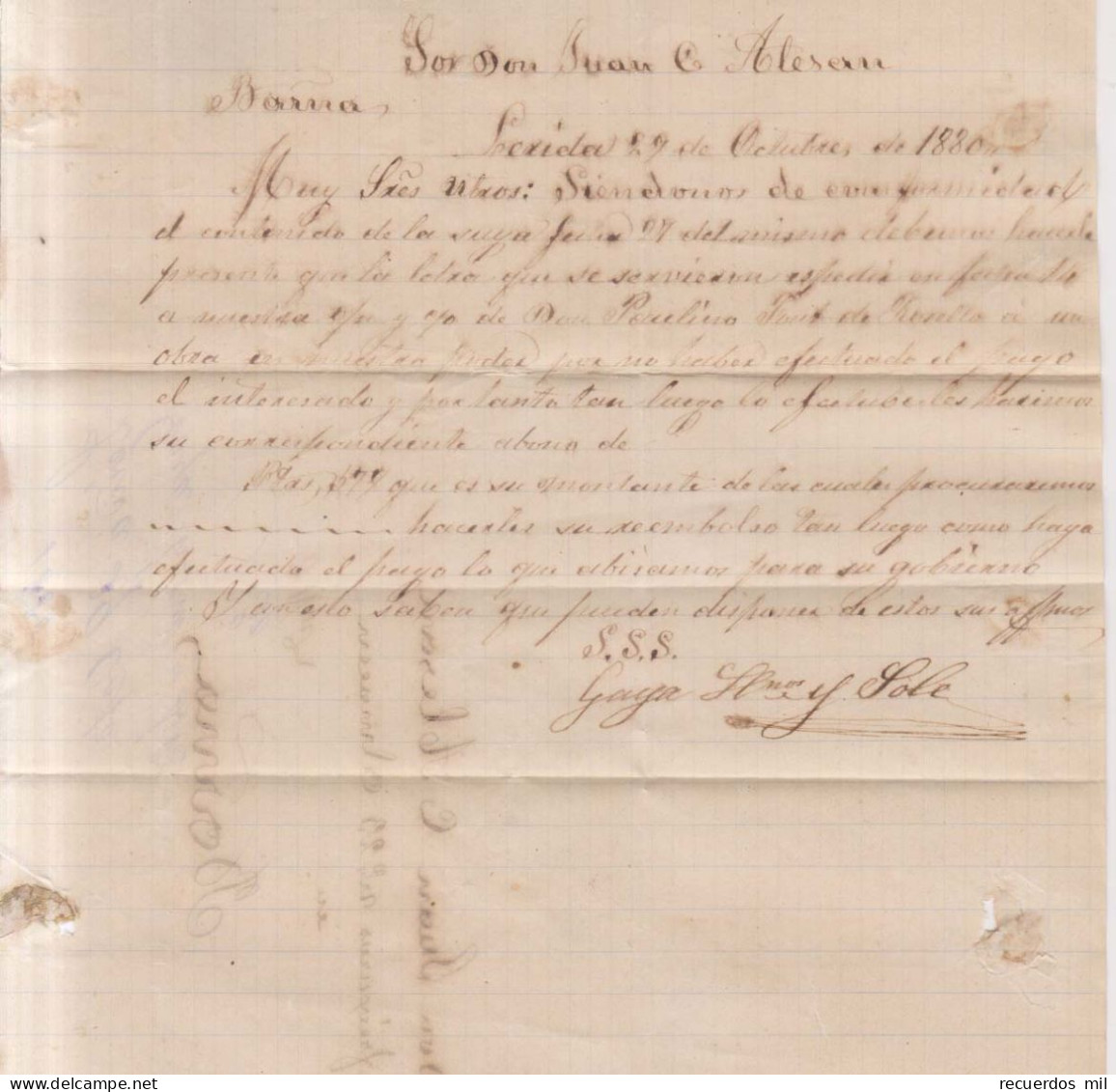 Año 1879 Edifil 204 Alfonso XII Carta Matasellos Lerida Gaya Hermanos Y Sole - Briefe U. Dokumente