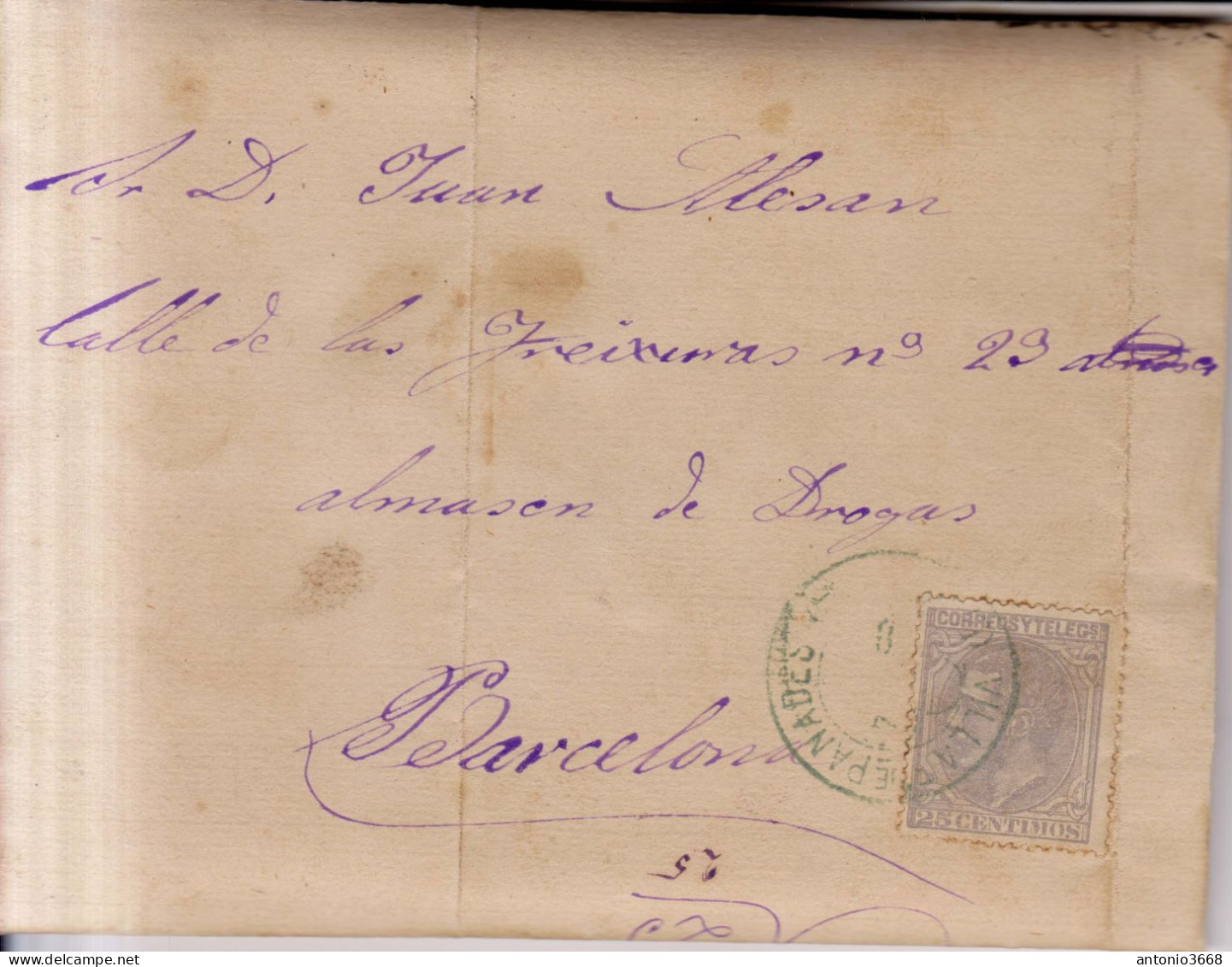 Año 1879 Edifil 204 Alfonso XII Carta Matasellos Azul Villafranca Del Penedes Pablo Miro - Storia Postale