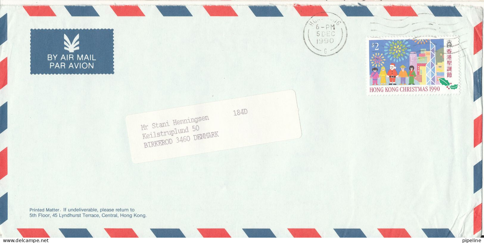 Hong Kong Air Mail Cover Sent To Denmark 5-12-1990 Single Franked - Briefe U. Dokumente