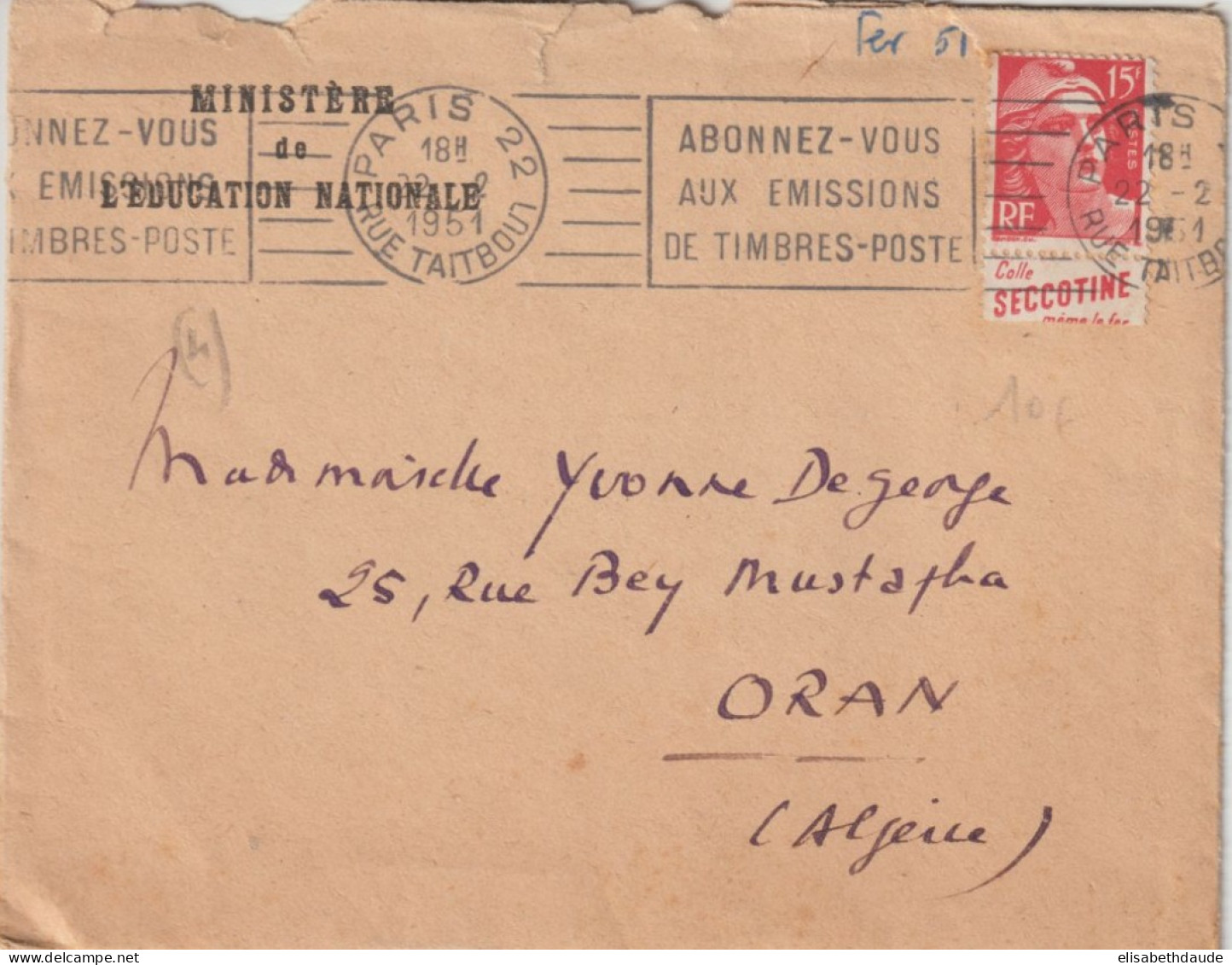 1951 - GANDON PUB COLLE SECCOTINE Sur ENVELOPPE De PARIS => ORAN (ALGERIE) ! - Briefe U. Dokumente