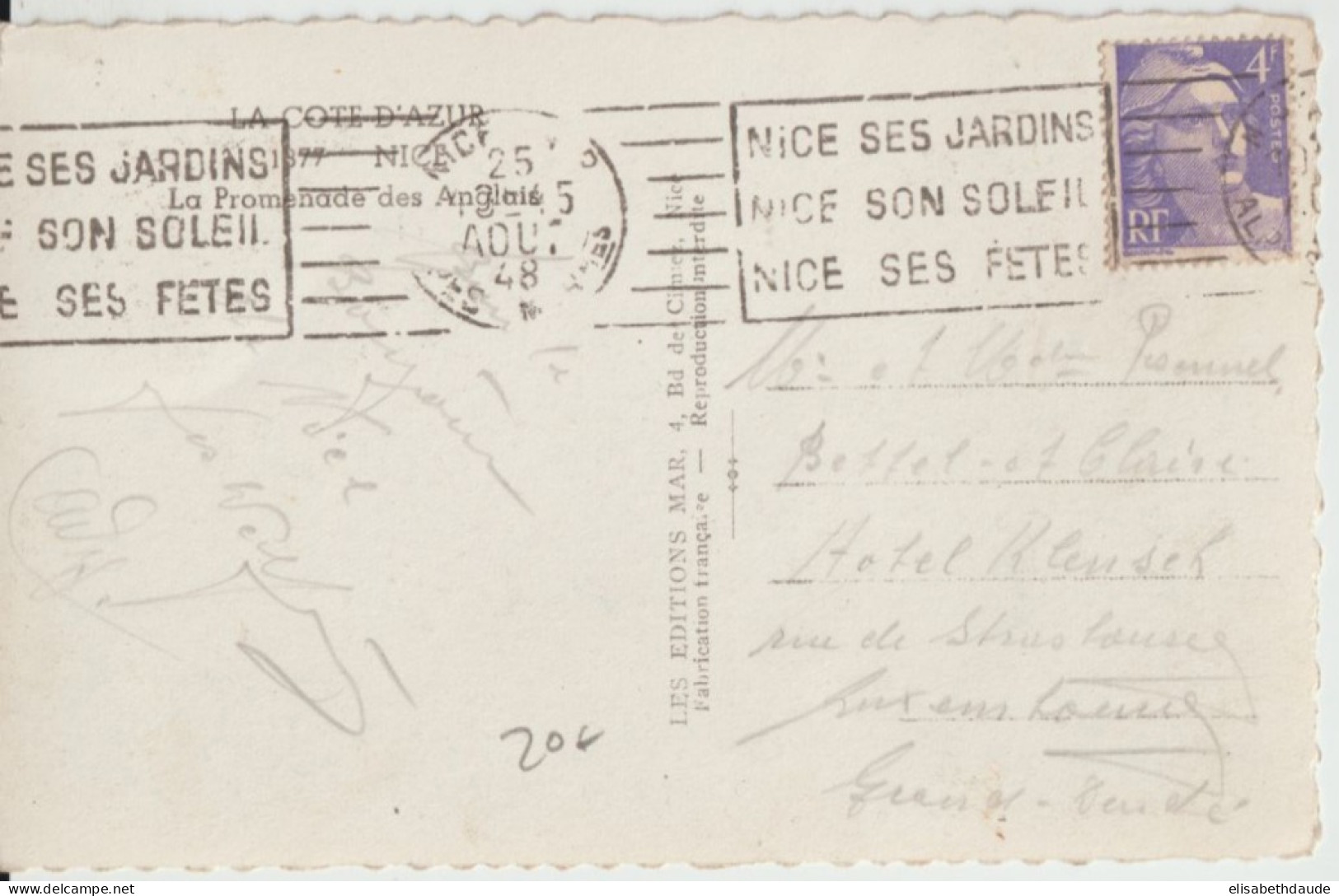 1948 - GANDON YVERT N°718 SEUL Sur CP De NICE => LUXEMBOURG - DESTINATION ! - 1945-54 Marianne (Gandon)