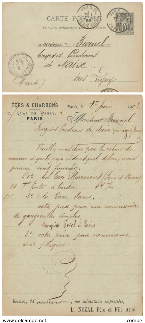 PARIS - 1893 - CARTE PRECURSEUR  SAGE REPIQUAGE PRIVE DE L. NOZAL FEERS ET CHARBONS. POUR NAIX PRES LIGNY - Cartes Précurseurs