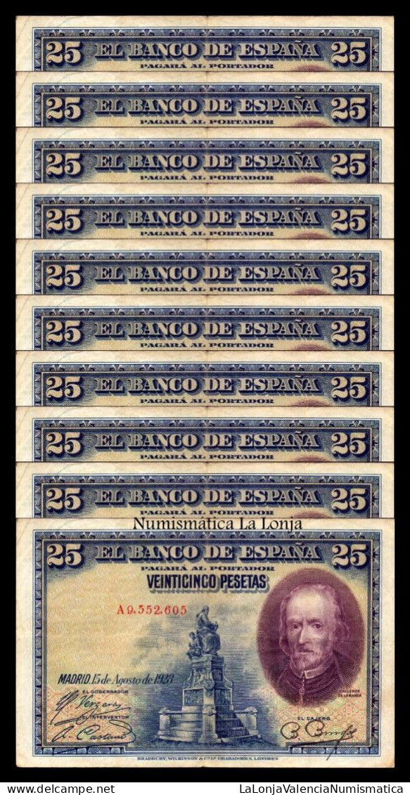 España Spain Lote 10 Billetes 25 Pesetas Calderón 1928 Pick 74 Bc/Mbc F/Vf - 1-2-5-25 Peseten