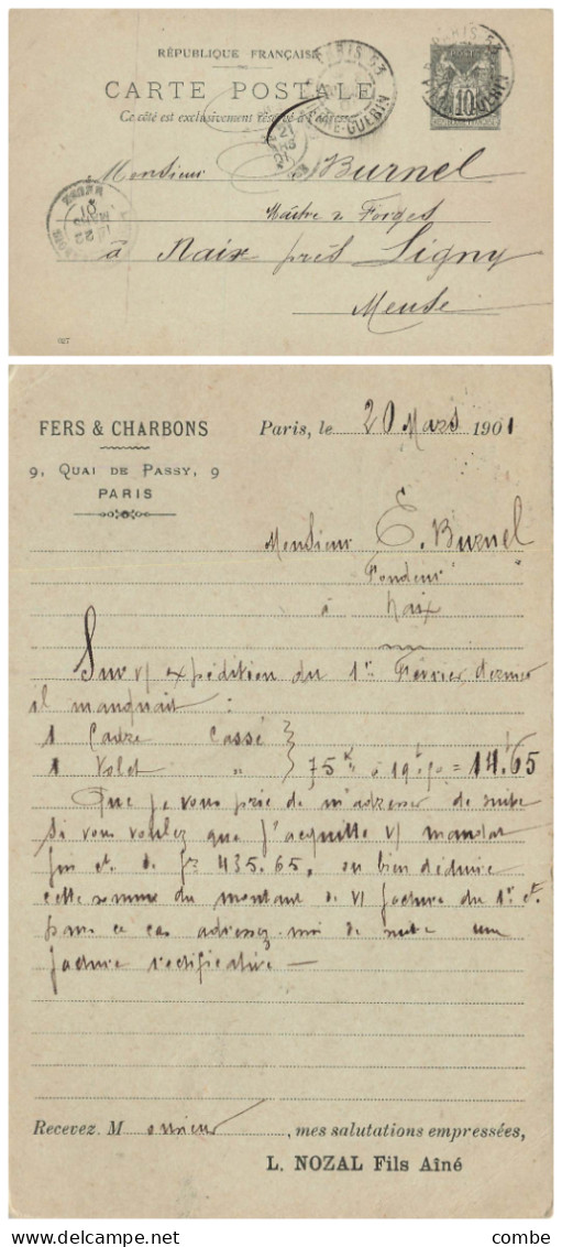 PARIS - 1901 - CARTE PRECURSEUR  SAGE REPIQUAGE PRIVE DE L. NOZAL FEERS ET CHARBONS. POUR NAIX PRES LIGNY - Cartes Précurseurs