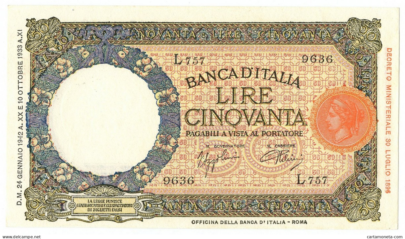 50 LIRE CAPRANESI LUPA CAPITOLINA MARG. STRETTO FASCIO ROMA 24/01/1942 SUP+ - Regno D'Italia – Other