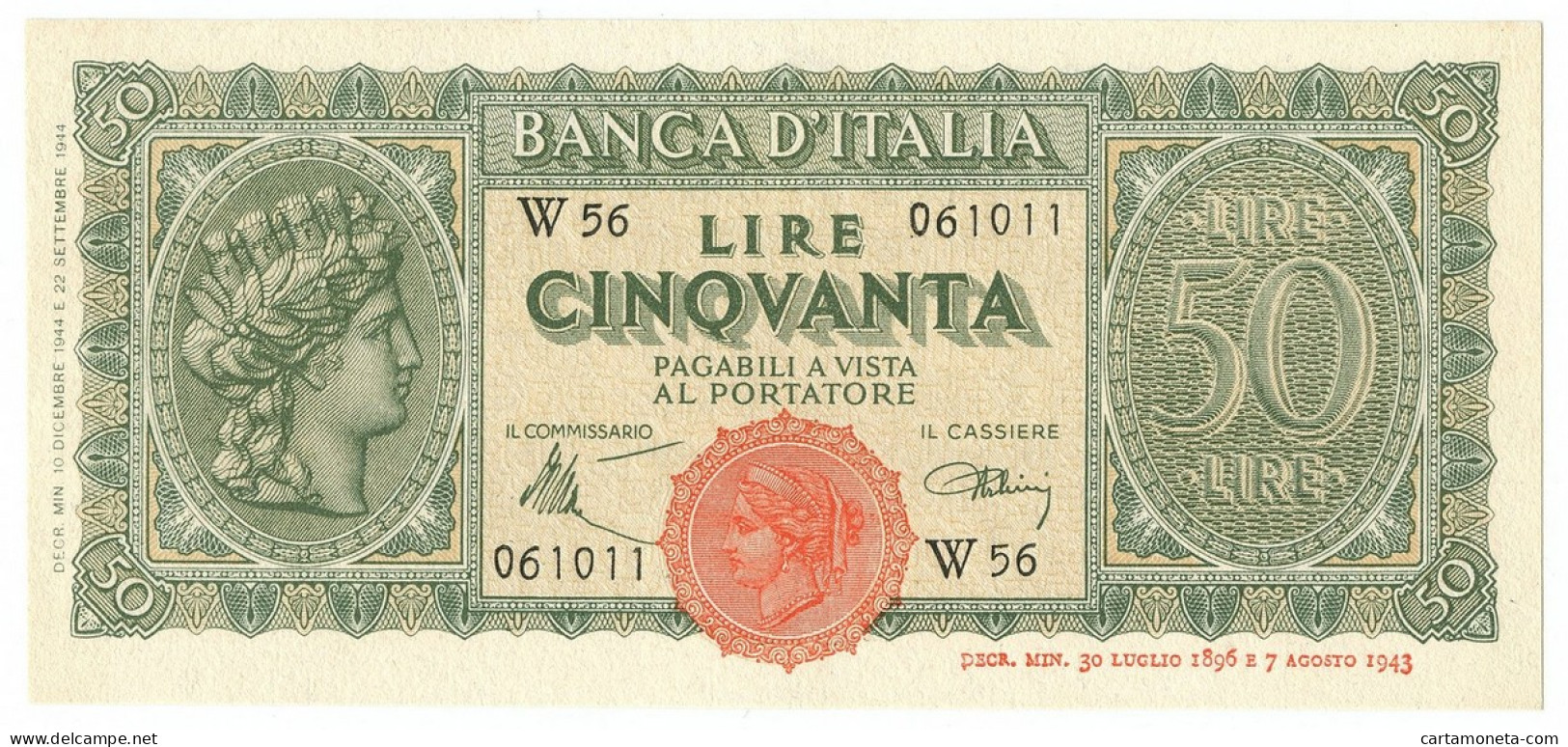 50 LIRE ITALIA TURRITA TESTINA SERIE SOSTITUTIVA 10/12/1944 SPL - Regno D'Italia - Altri