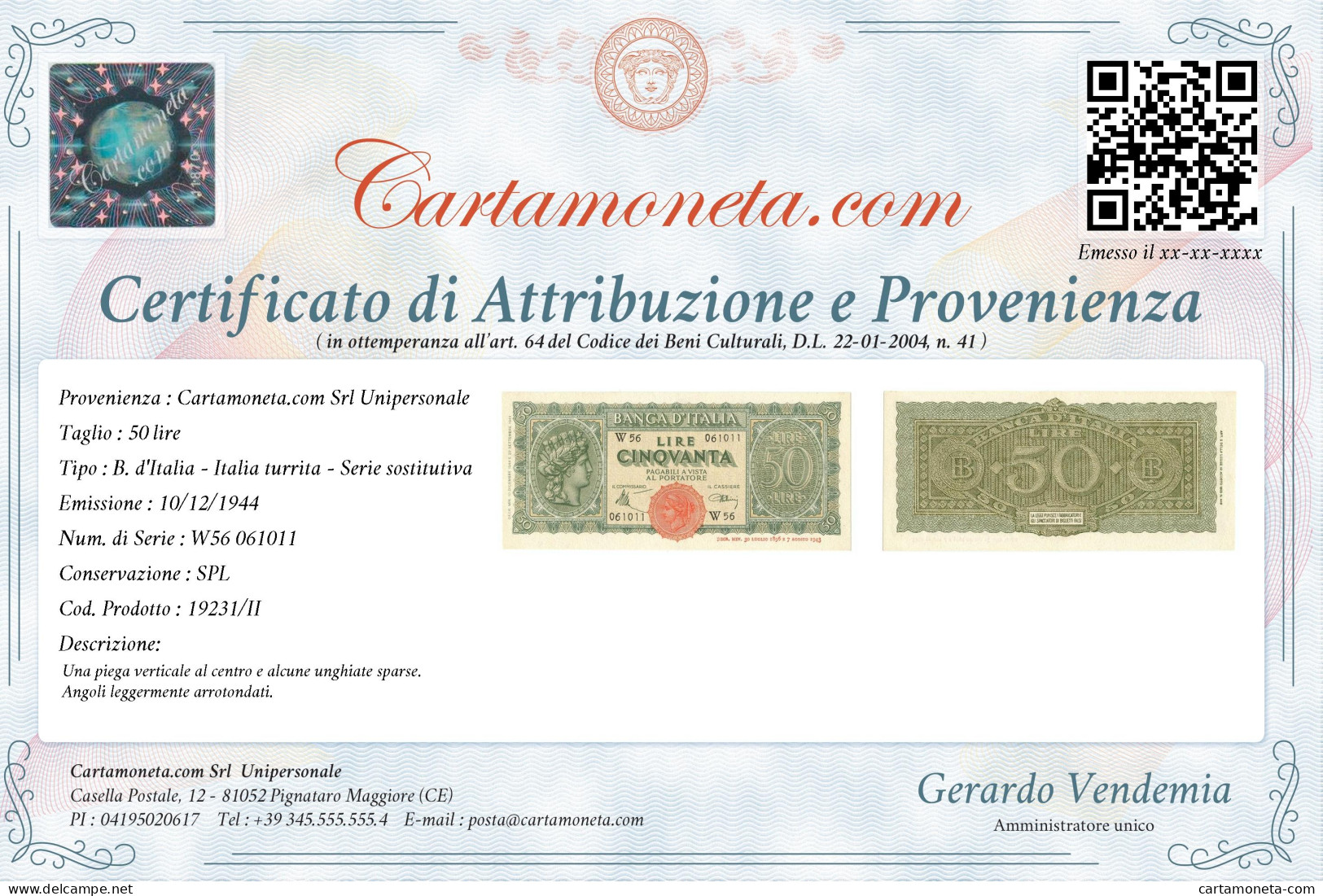 50 LIRE ITALIA TURRITA TESTINA SERIE SOSTITUTIVA 10/12/1944 SPL - Regno D'Italia – Other