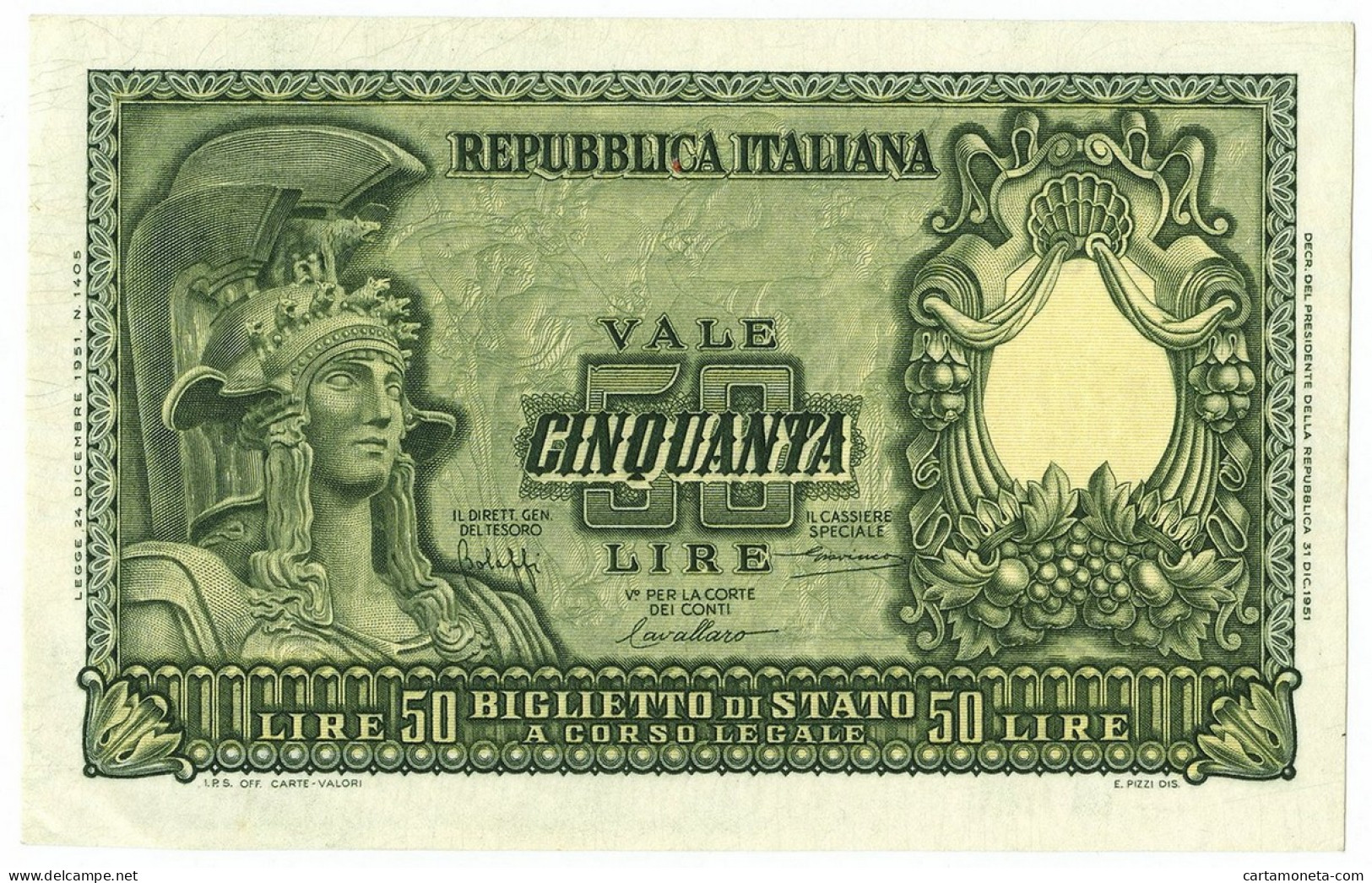 50 LIRE BIGLIETTO DI STATO ITALIA ELMATA BOLAFFI 31/12/1951 SUP+ - Other & Unclassified