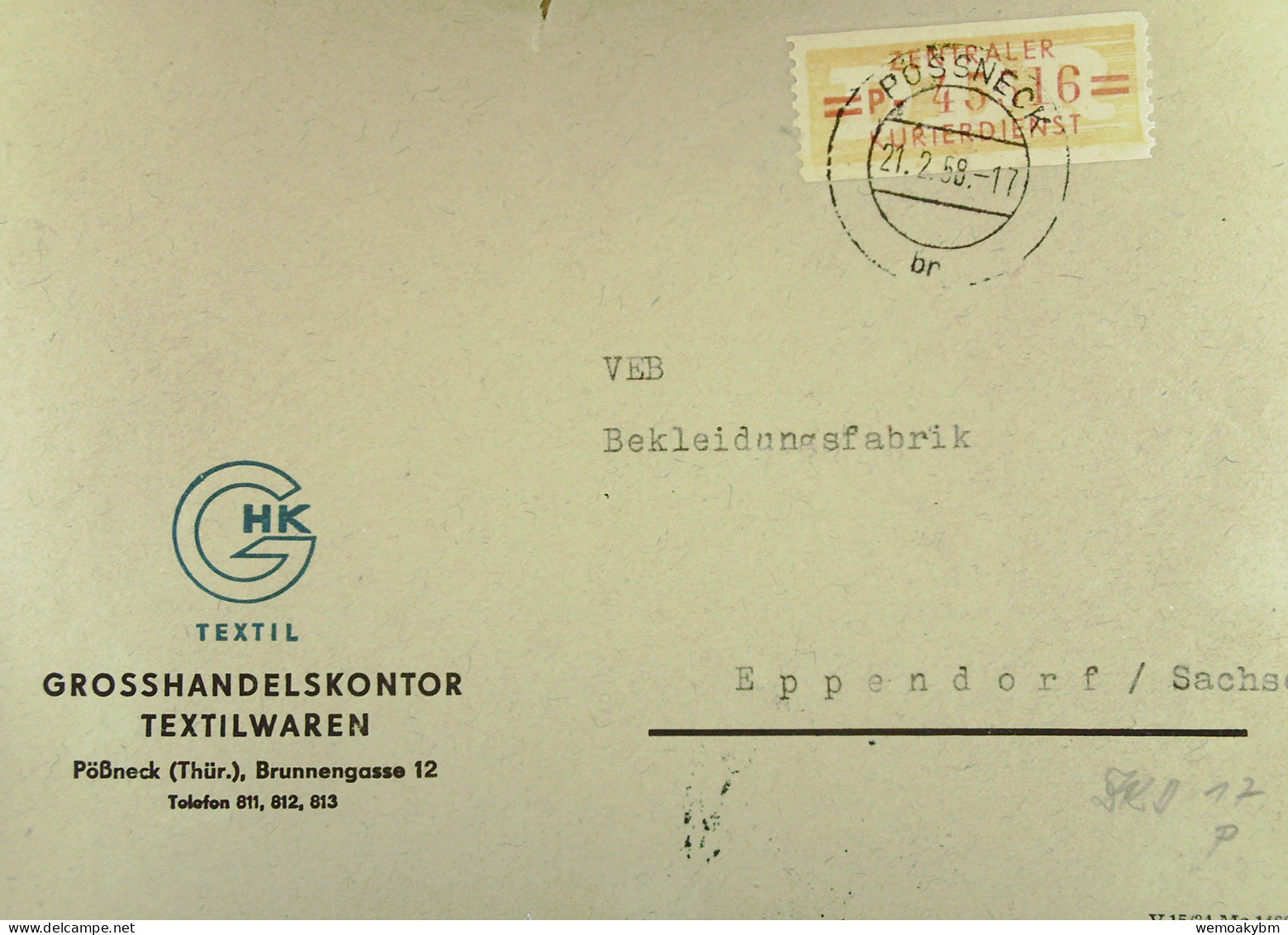 DDR: Fern-Brf Mit 20 Pf ZKD-Streifen Gelb/rot Kennbuchst. P 45516 Vom 21.2.58 Abs; Grosshandelskontor Textilware Pößneck - Service Central De Courrier