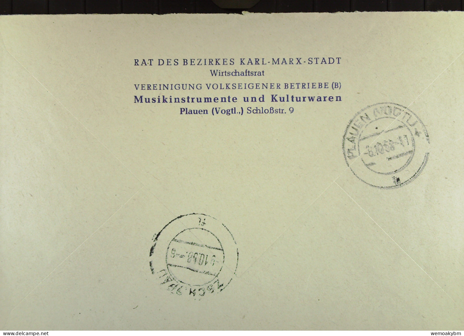 DDR: Fern-Brief Mit 20 Pf ZKD-Streifen Blau/Rotbraun Kennbuchst. H-565342 Vom 8.10.58 Abs; Rat Des Bezirke K.-M.-Stadt - Centrale Postdienst