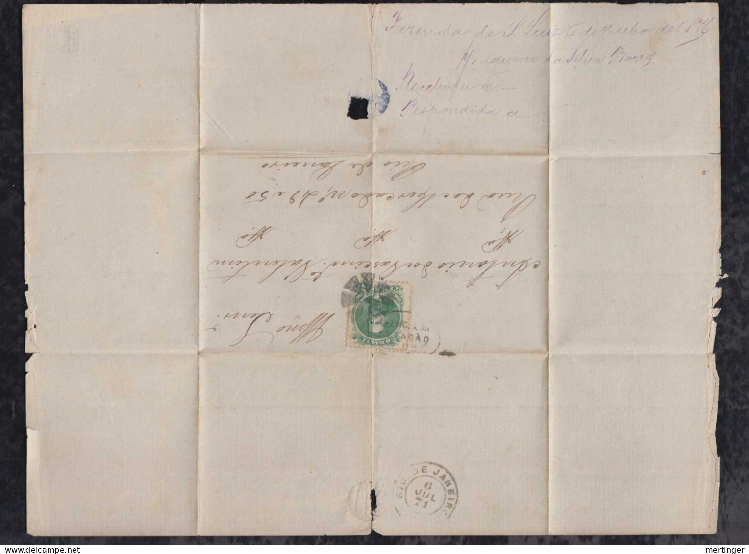 Brazil Brasil 1871 Cover ESTACAO DE UBA PA 1518 Fazenda De S. Luiz To RIO - Covers & Documents