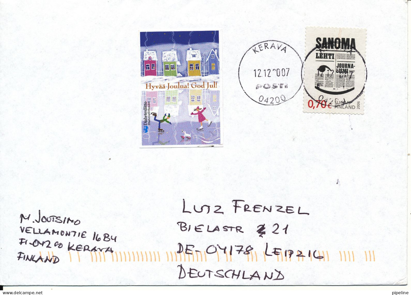 Finland  Cover Sent To Germany Kerava 12-12-2007 Single Franked And A Christmas Seal - Lettres & Documents