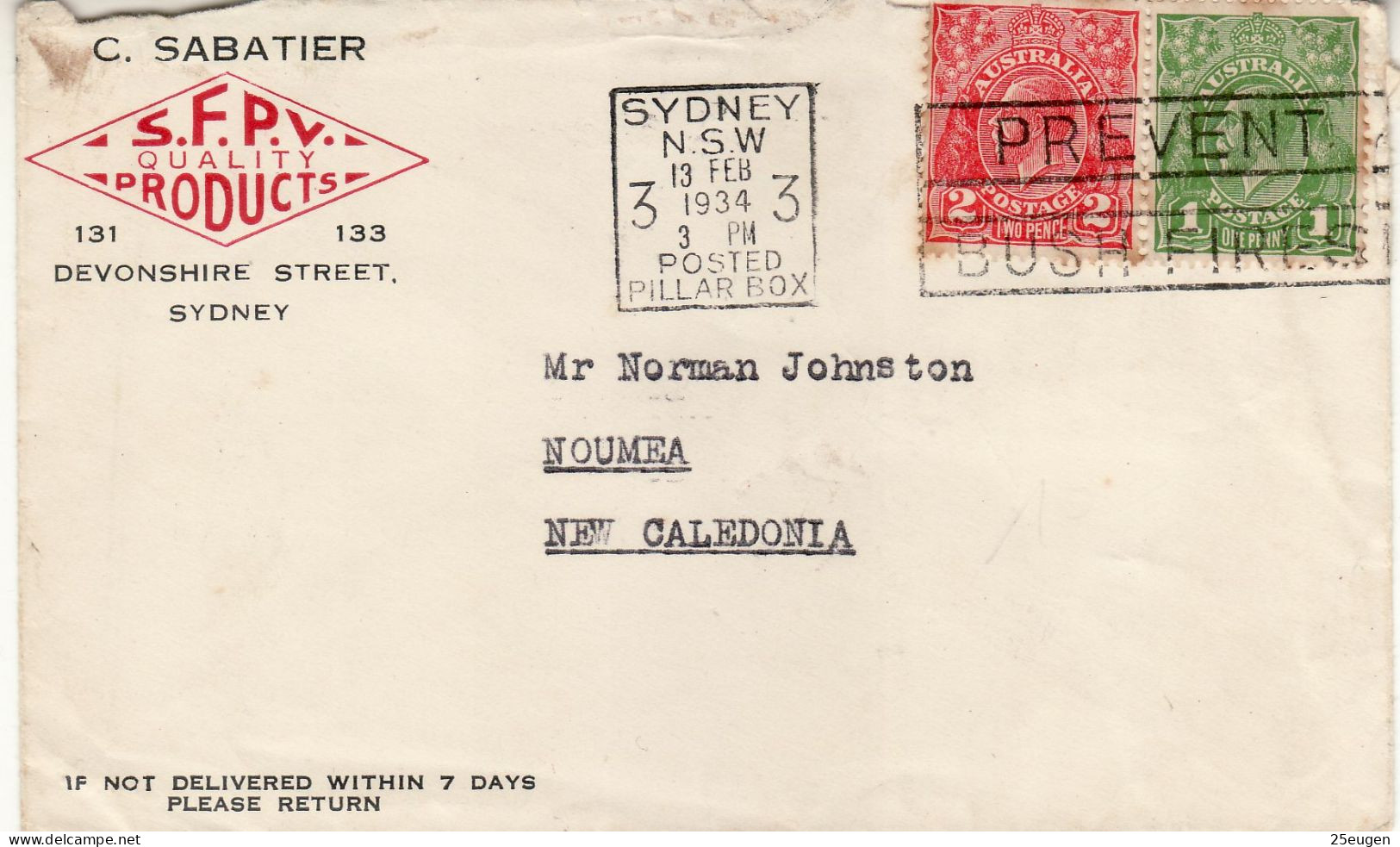 AUSTRALIA 1934  LETTER  SENT FROM SYDNEY TO NOUMEA - Storia Postale