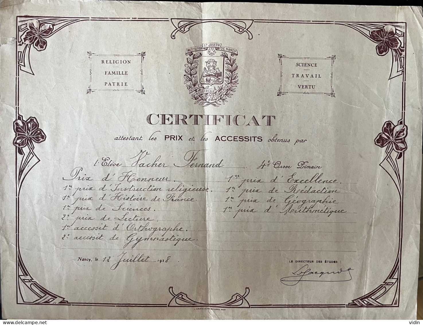 NANCY Certificat 1928 - Diplômes & Bulletins Scolaires
