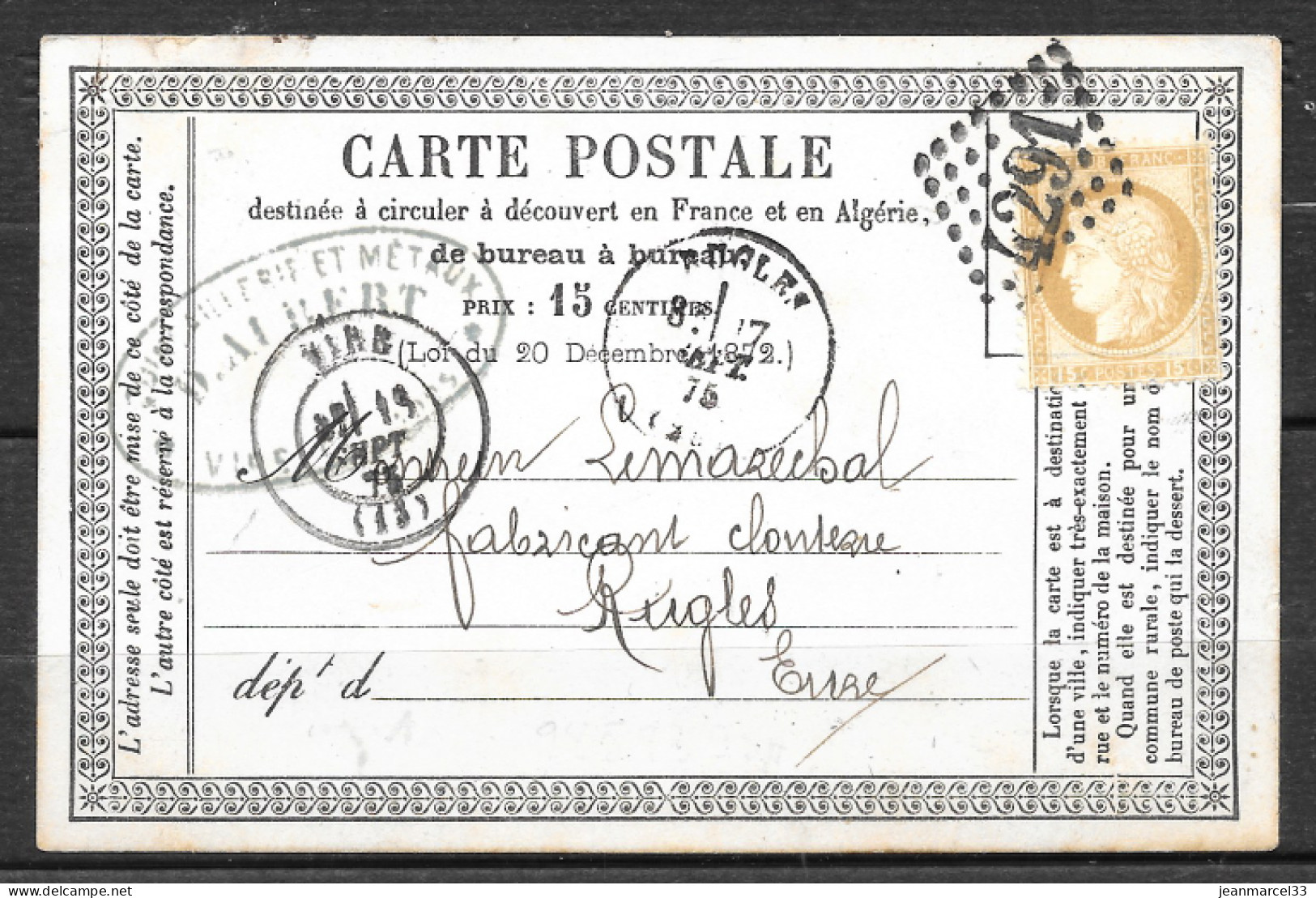 Carte Postale Timbre 15c Gros Chiffre Céres Oblitération Grille N° 4291 - Cartes Précurseurs