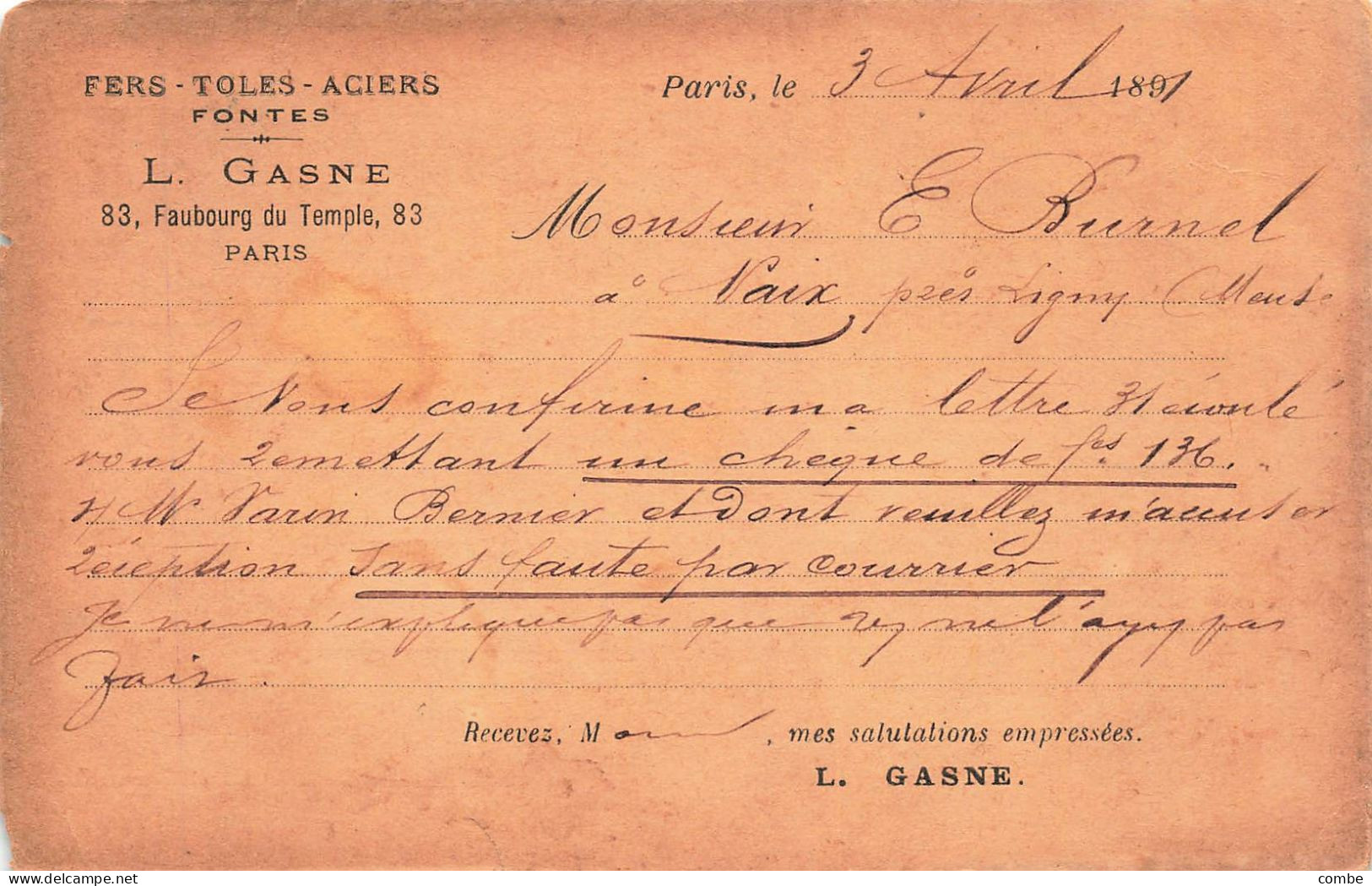 PARIS - 1891 - CARTE PRECURSEUR  SAGE REPIQUAGE PRIVE DE L.GASNE FONTES FERS ACIER. POUR NAIX PRES LIGNY - Cartes Précurseurs