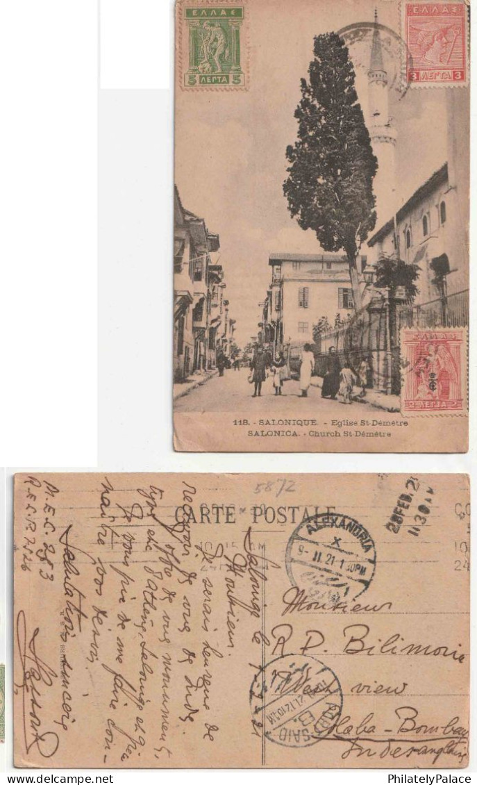 GREECE 1921 SALONICA POSTCARD CHURCH ST.DEMETRE PEOPLE OVERPRINTED STAMP SALONICA >INDIA BOMBAY VIA ALEXANDRIA PORT - Lettres & Documents