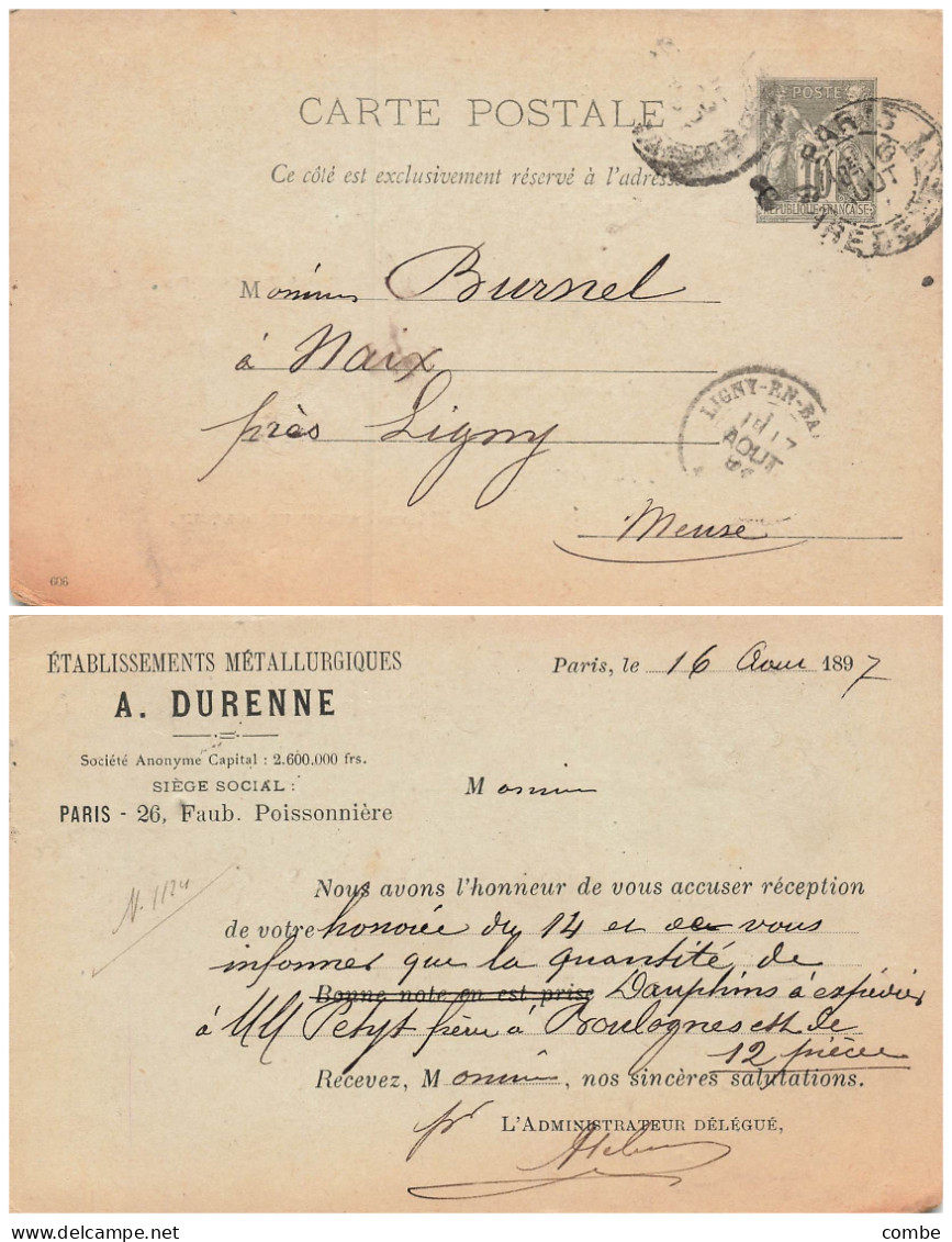 PARIS - 1897 - CARTE PRECURSEUR  SAGE REPIQUAGE PRIVE DE A.DURENNE. ETABLISSEMENTS METTALLURGIQUES. POUR NAIX PRES LIGNY - Cartes Précurseurs