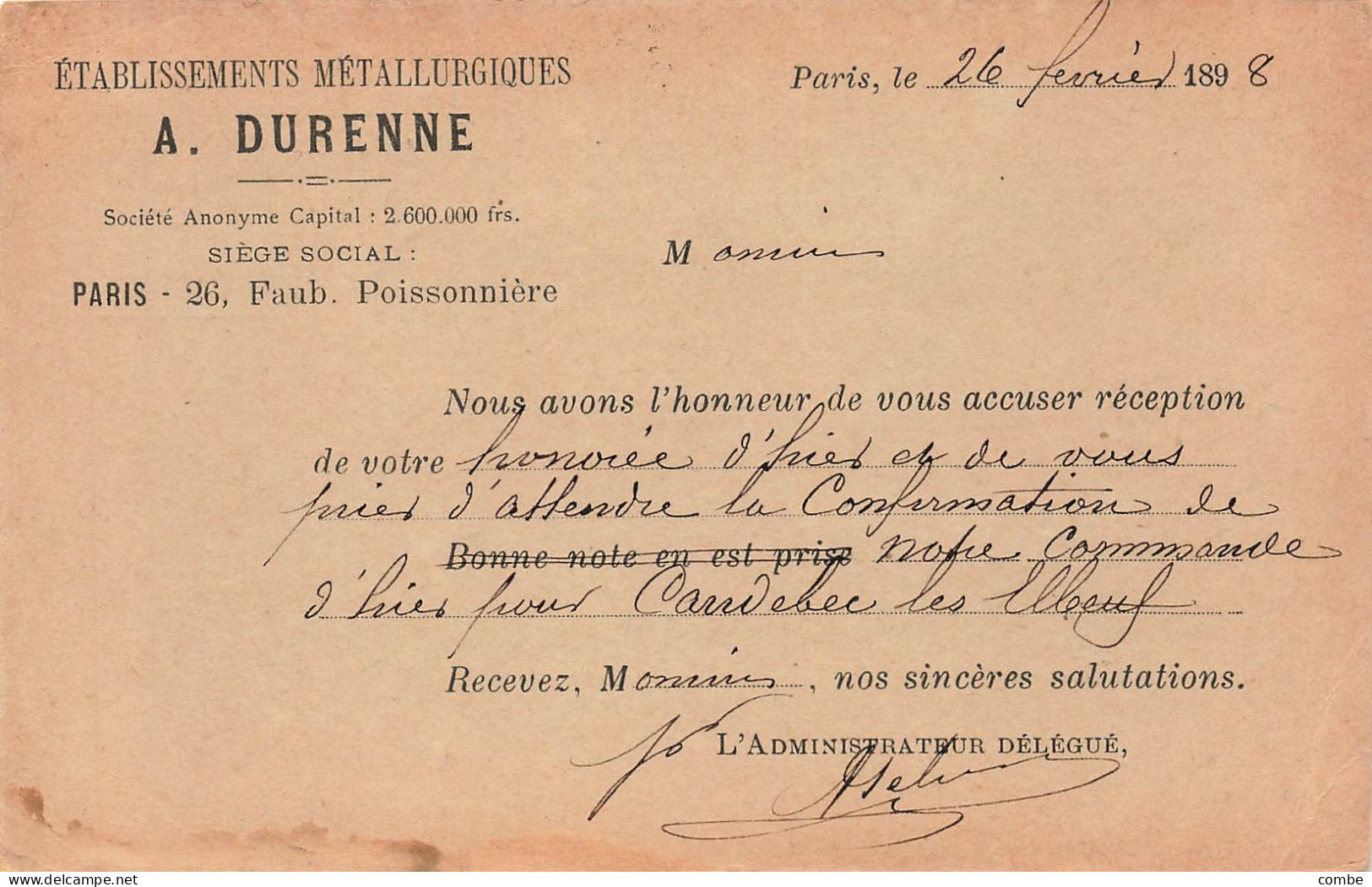 PARIS - 1898 - CARTE PRECURSEUR  SAGE REPIQUAGE PRIVE DE A.DURENNE. ETABLISSEMENTS METTALLURGIQUES. POUR NAIX PRES LIGNY - Cartes Précurseurs