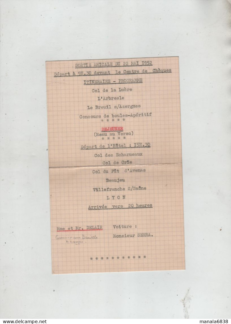 Hôtel Du Lac Le Bois D'Oingt Menu 1952 Sortie Amicale Itinéraire Programme Delair Serra Concours Boules Apéritif - Menus