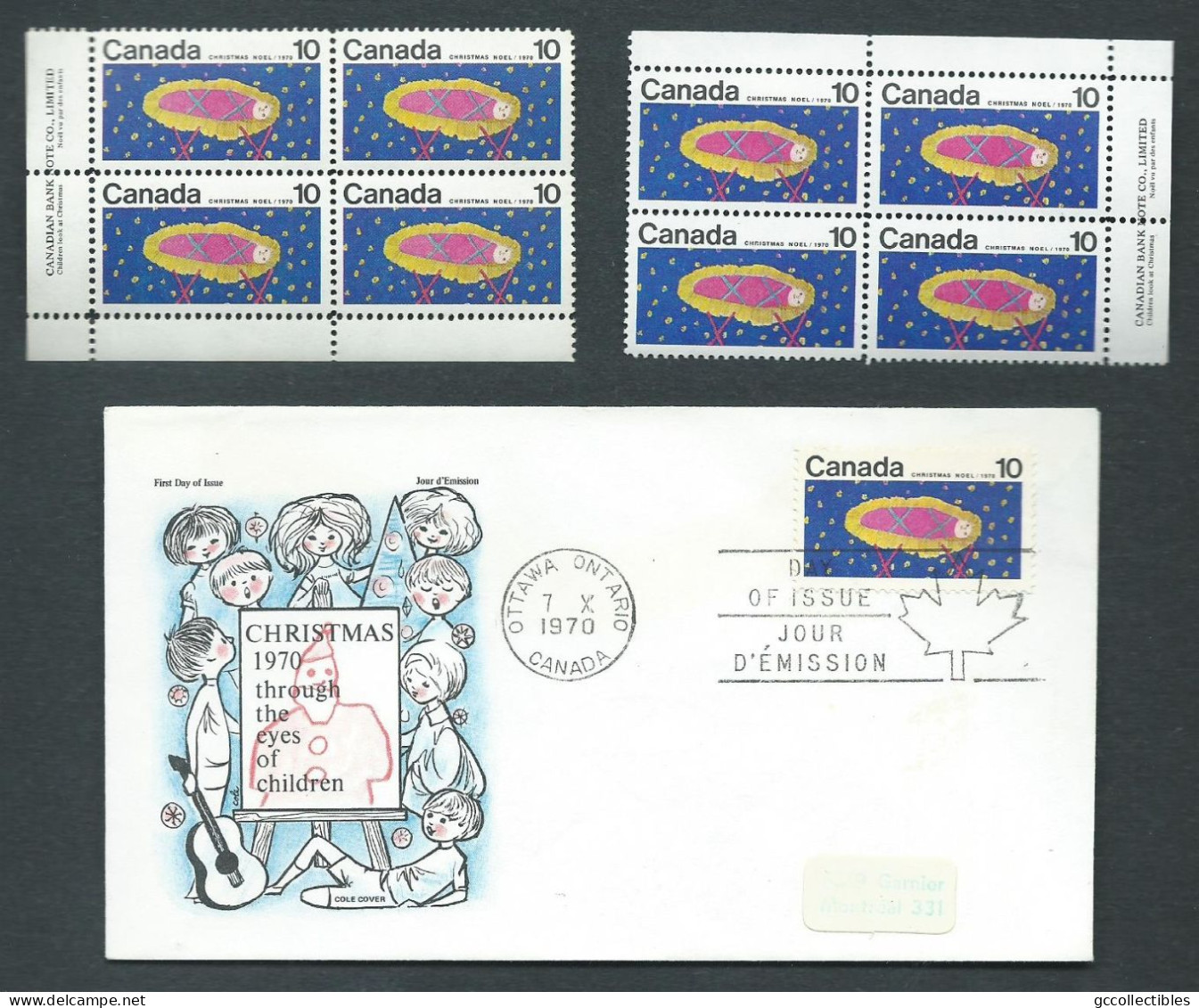 Canada - # 529 LL. & U.R. PB. MNH + FDC - Christmas 1970 - Blocks & Sheetlets