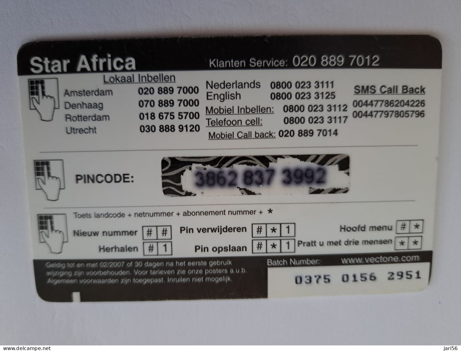 NETHERLANDS /  PREPAID / VECTONE/ STAR AFRIKA / LION/ELEPHANT/RINO/ZEBRA/  € 6,-  USED  ** 14618** - Privé