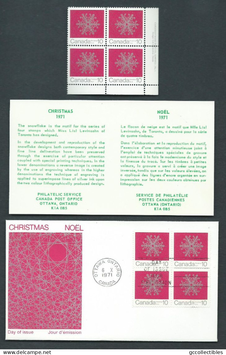 Canada - # 556 LR.PB. MNH + Block Of 4 On FDC - Christmas 1971 - Blocs-feuillets