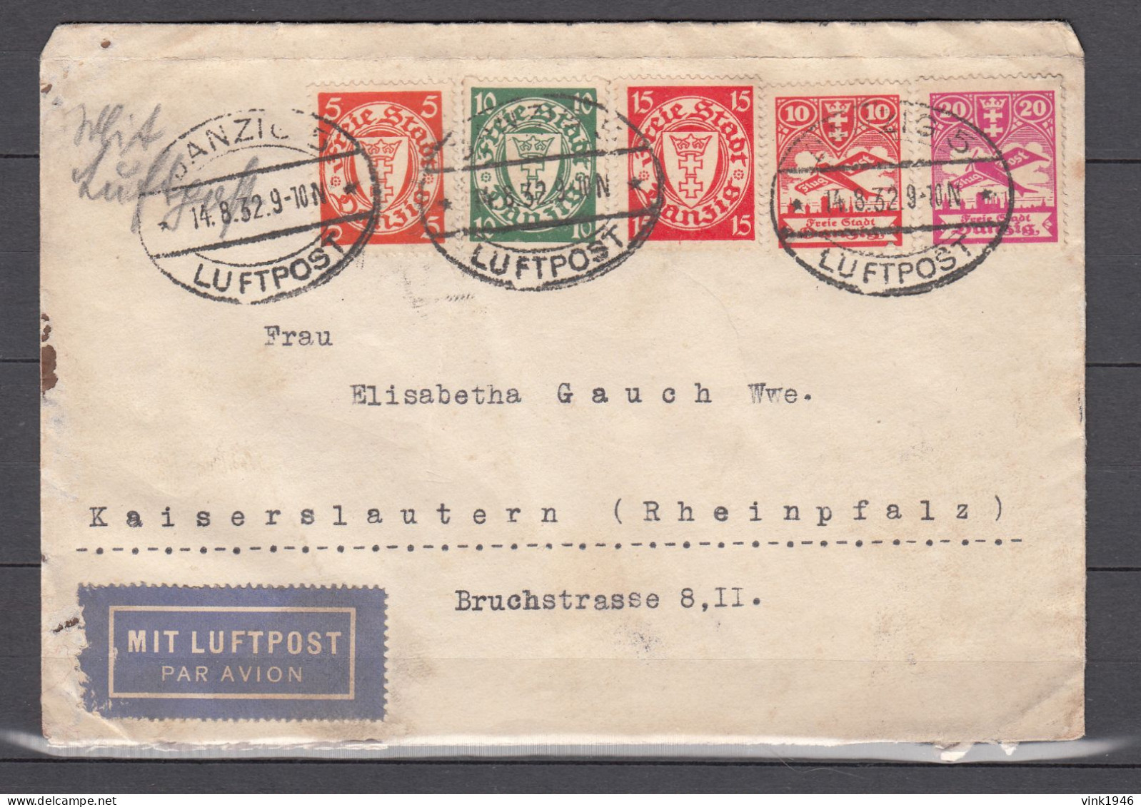 Danzig 1932,Mi 193,194D,202,203,214 Auf Brief Mit Luftpost Befördert Nach Kaiserslautern(D3554) - Briefe U. Dokumente