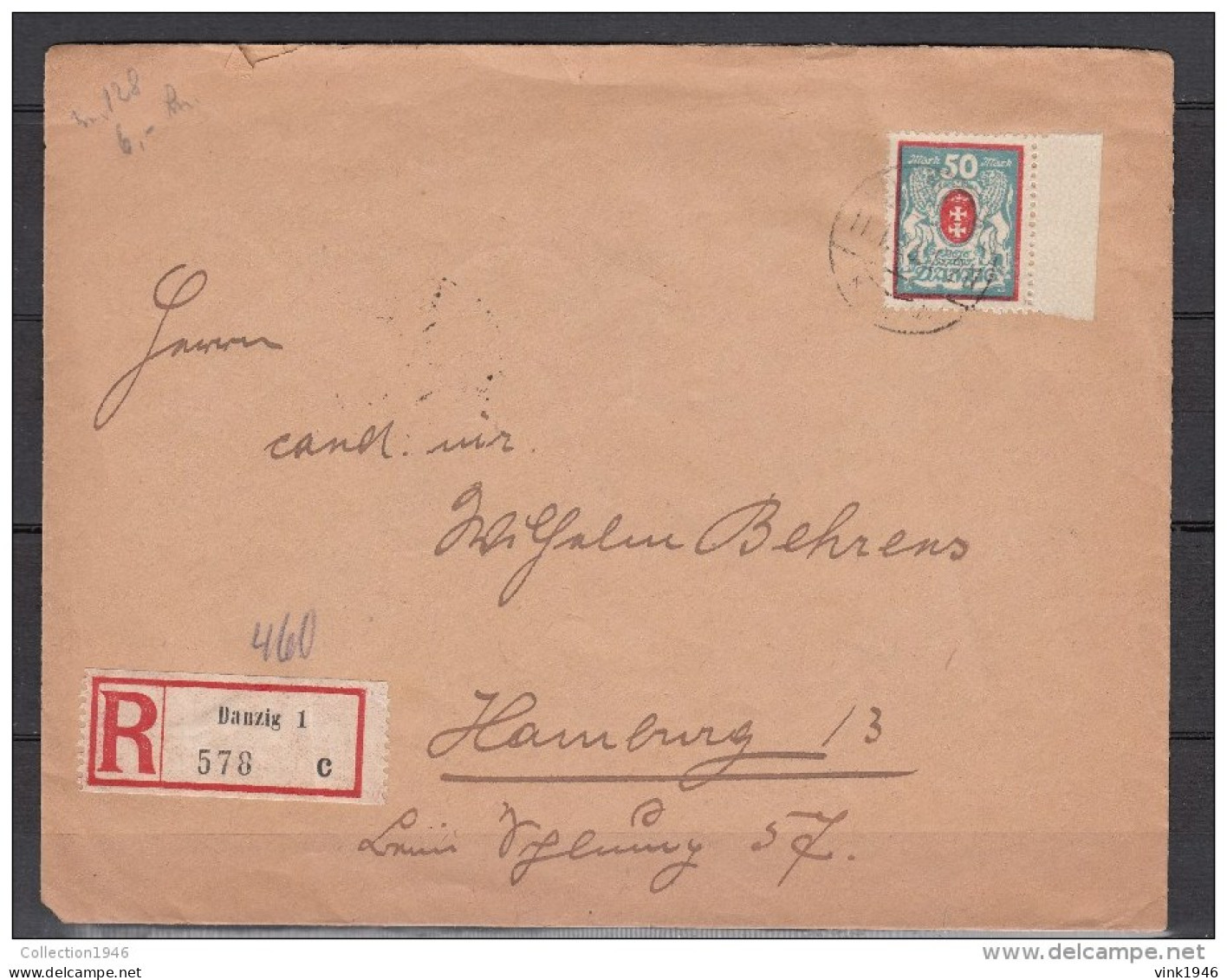 Danzig 1923,1V Einschreiben,no 127 Auf Brief Von Danzig Nach Hamburg,(L1846) - Storia Postale