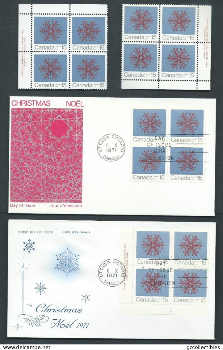 Canada # 557 U.R. & 557i L.R. PB. MNH + 2 X FDC - Christmas 1971 - Snowflakes - Blocks & Sheetlets