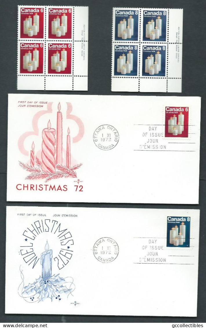 Canada - # 606-607 LR. PB. MNH + 2 FDC's - Christmas 1972 - Candles - Blocks & Sheetlets