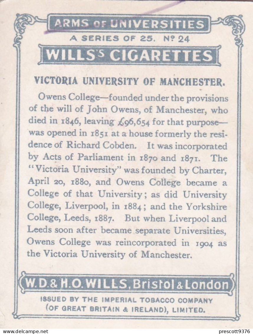 Arms Of Universities 1923 - No24 Victoria University Of Manchester - Wills Cigarette Card - Original Card - Large Size - Wills