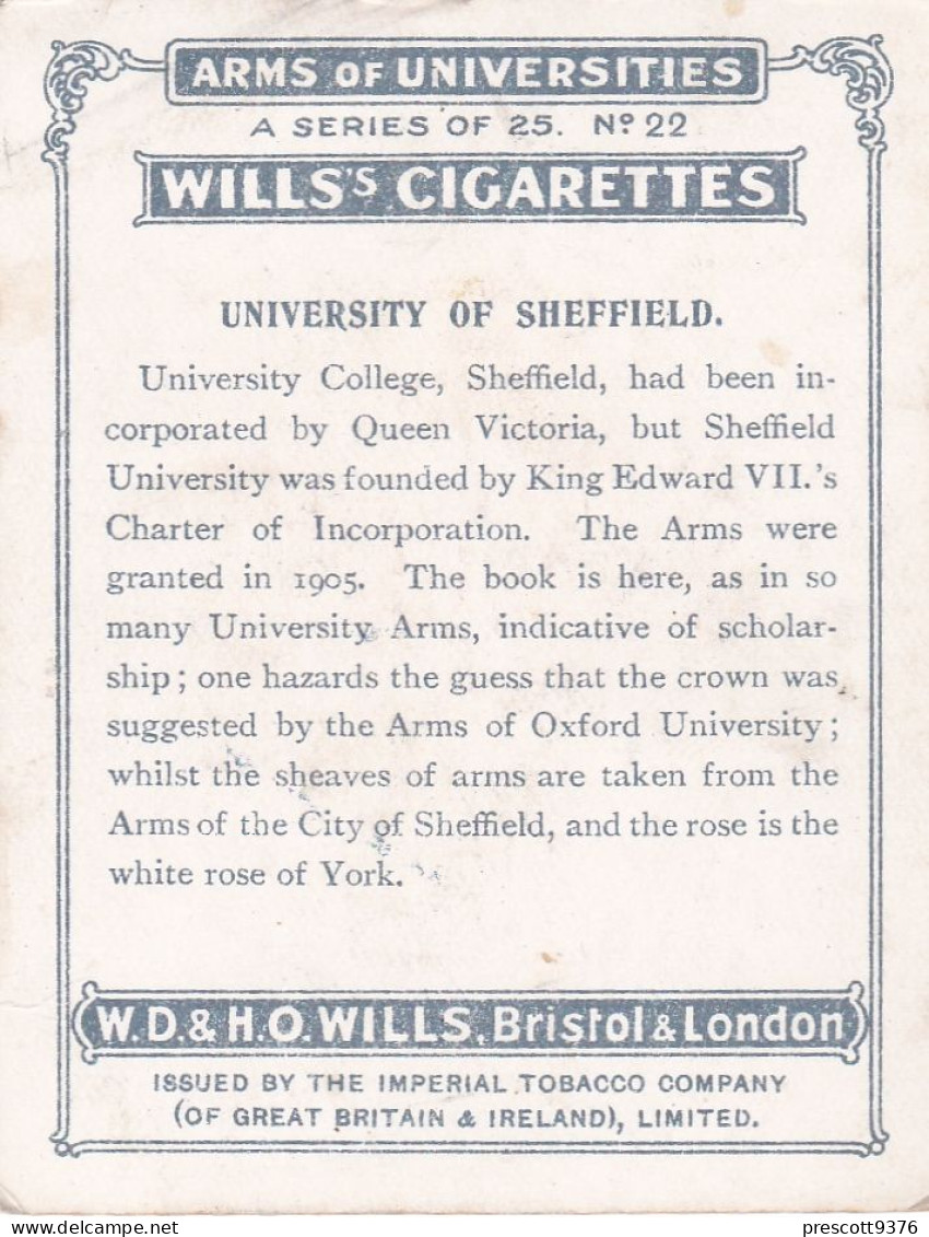 Arms Of Universities 1923 - No22 University Of Sheffield - Wills Cigarette Card - Original Card - Large Size - Wills