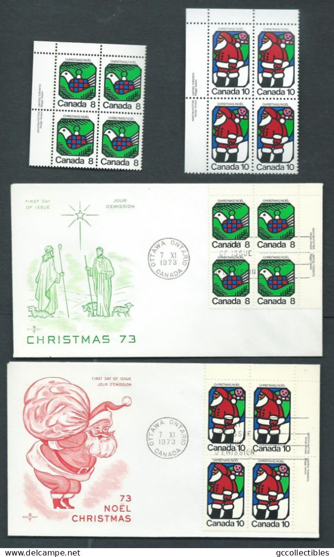 Canada - # 626-627 UL.PB. MNH + 2 FDC's - Christmas 1973 - Dove & Santa Claus - Blocks & Sheetlets