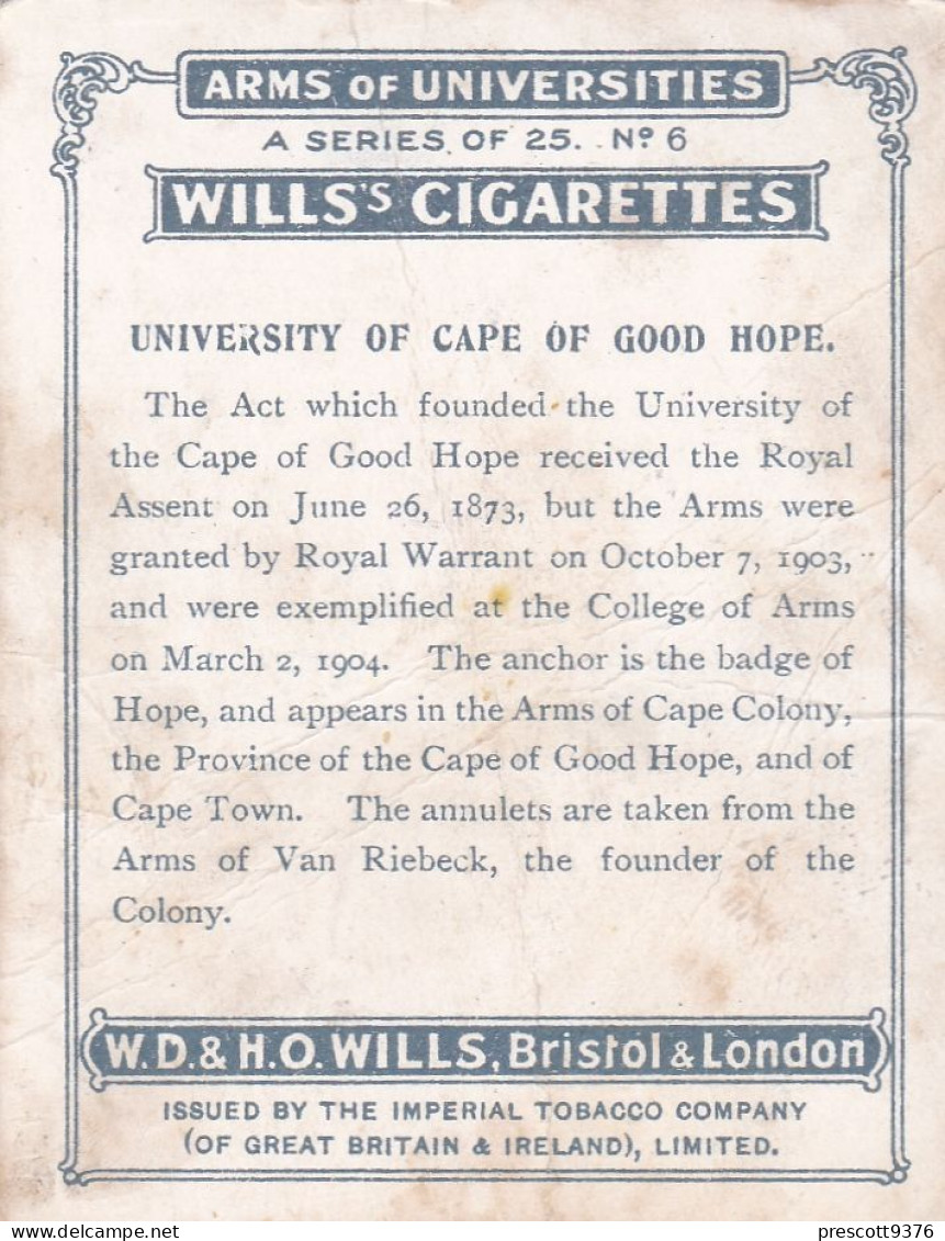 Arms Of Universities 1923 - No6 University Of Cape Of Good Hope - Wills Cigarette Card - Original Card - Large Size - Wills