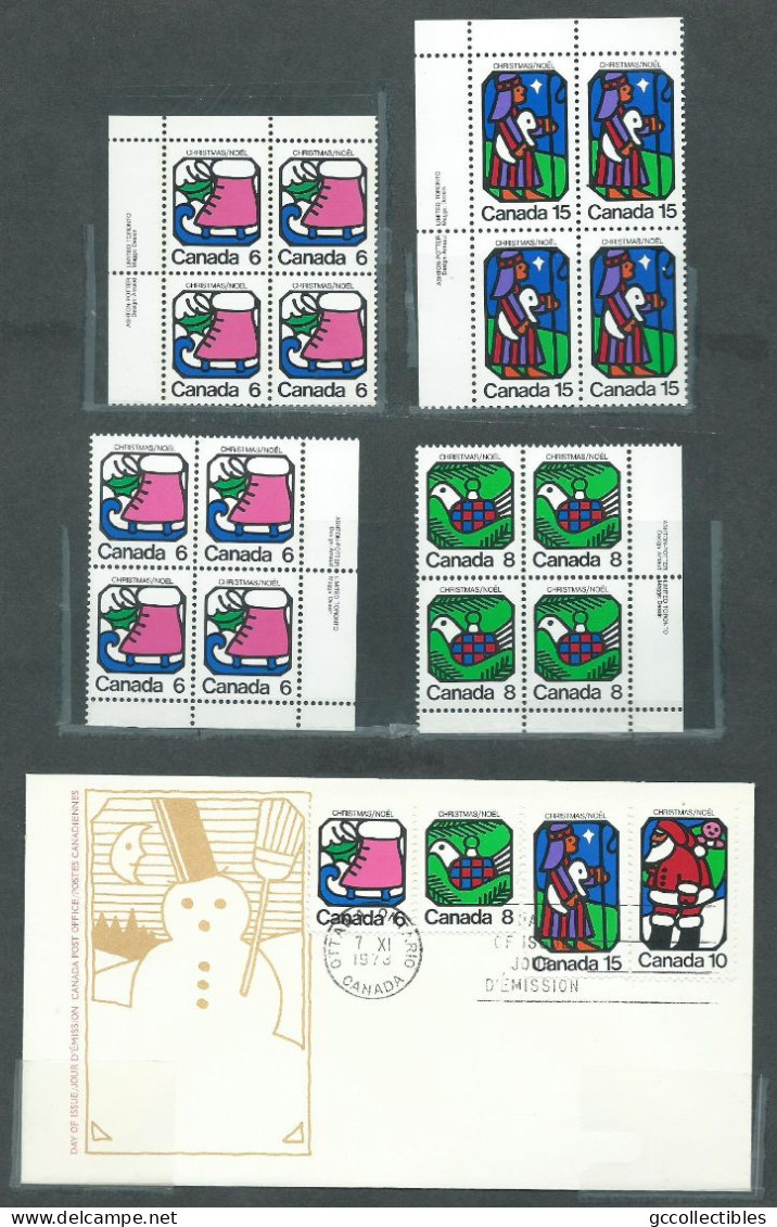 Canada - # 625-626-628 UL.& LR. PB. MNH + Combo. FDC - Christmas 1973 - Blocks & Sheetlets