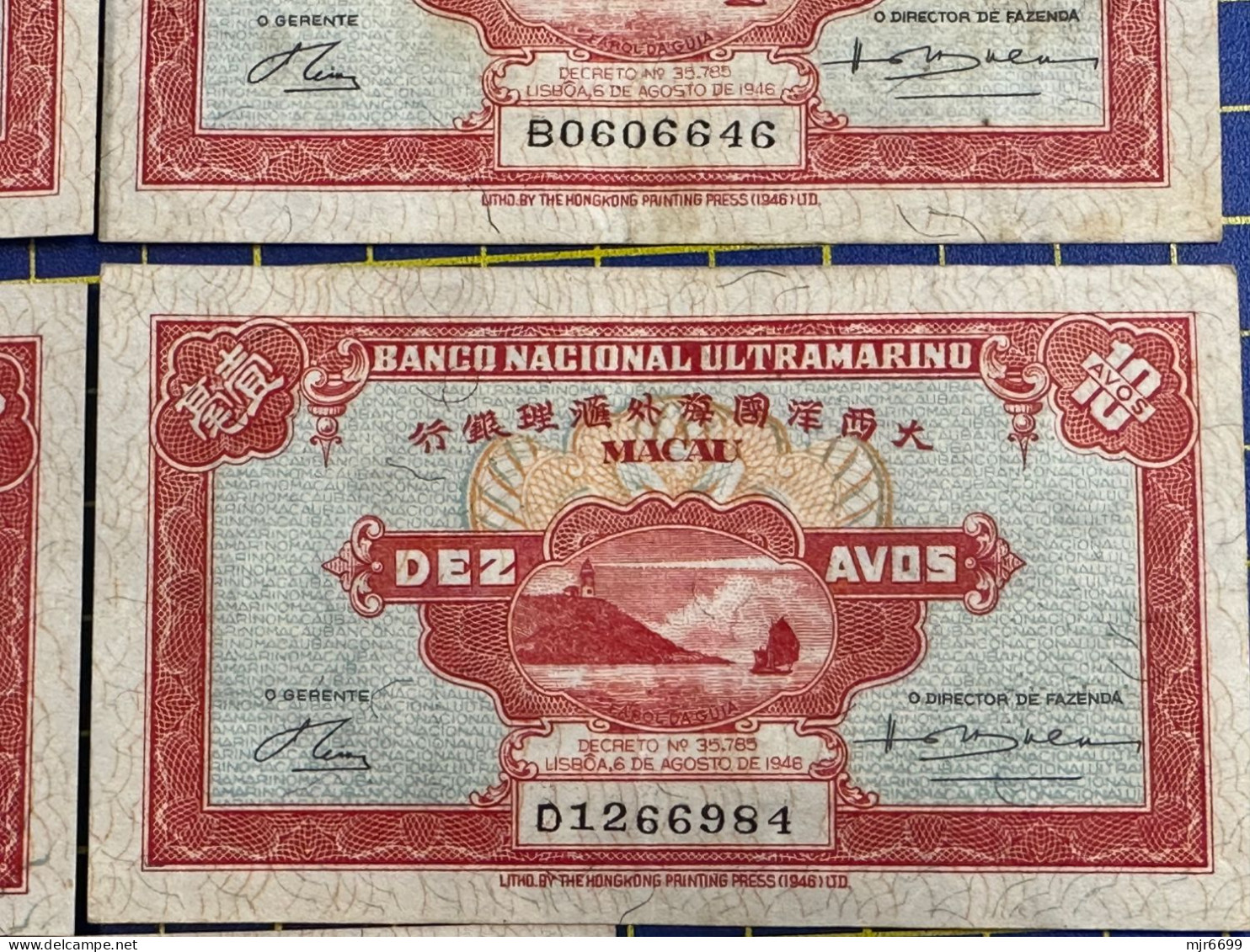 MACAU 1946 BNU 10 AVOS PICK#36a X 5 W/ALL 5 PREFIX A,B,C,D,E. V\F. WITH FOLDS, NO HOLES - Macau