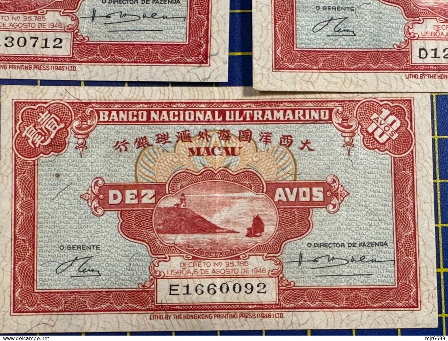 MACAU 1946 BNU 10 AVOS PICK#36a x 5 W/ALL 5 PREFIX A,B,C,D,E. V\F. WITH FOLDS, NO HOLES