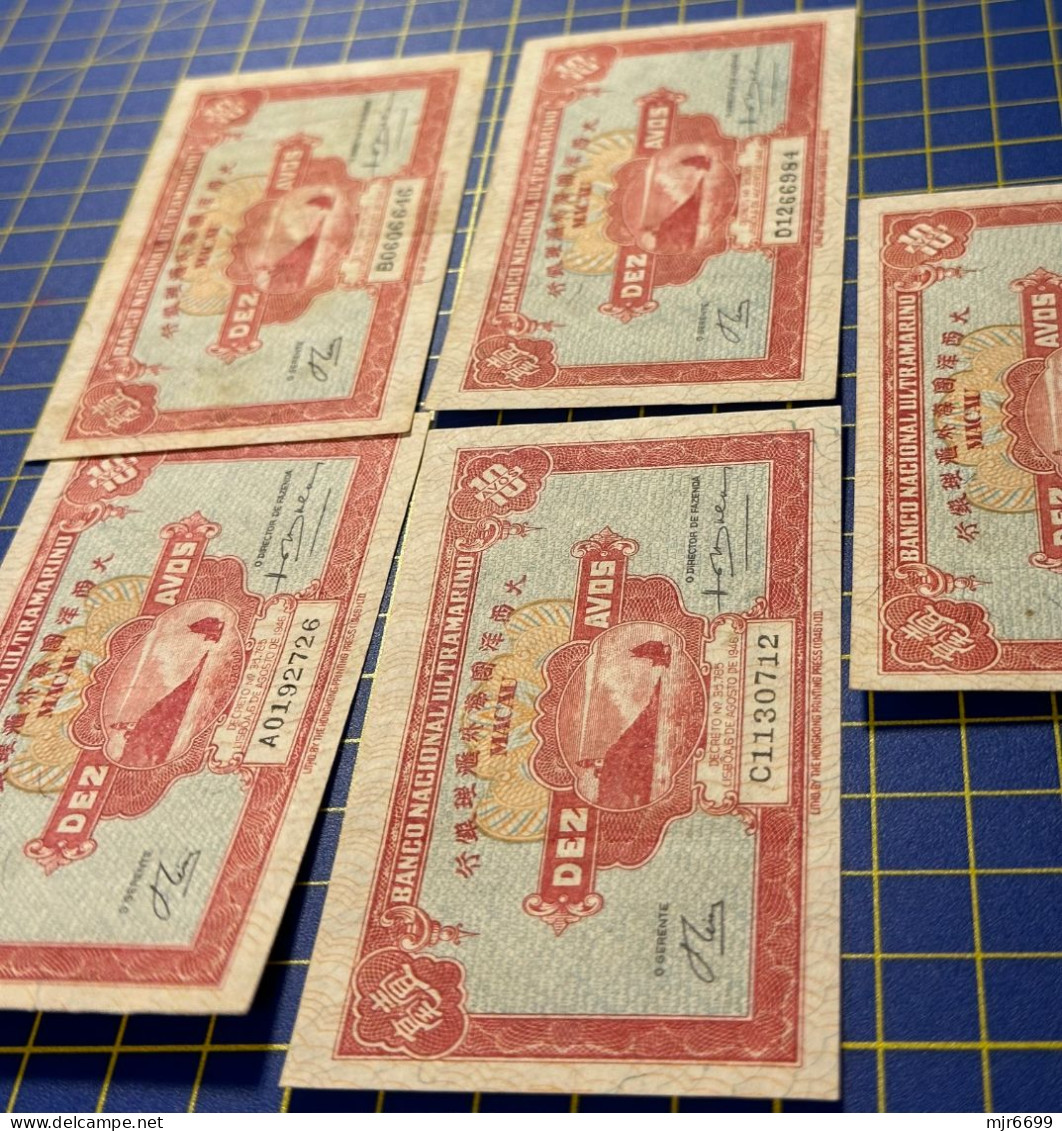 MACAU 1946 BNU 10 AVOS PICK#36a x 5 W/ALL 5 PREFIX A,B,C,D,E. V\F. WITH FOLDS, NO HOLES