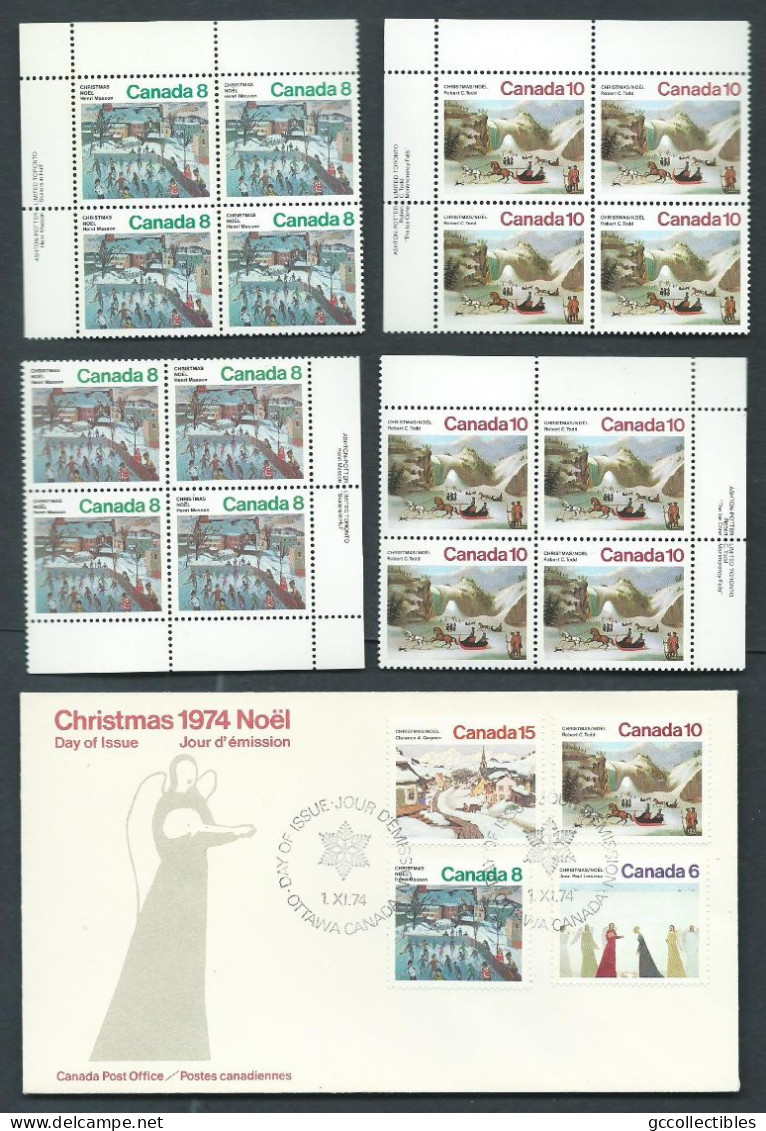 Canada - # 651-652...4 PB. MNH + Combination FDC - Christmas 1974 - Blocks & Sheetlets