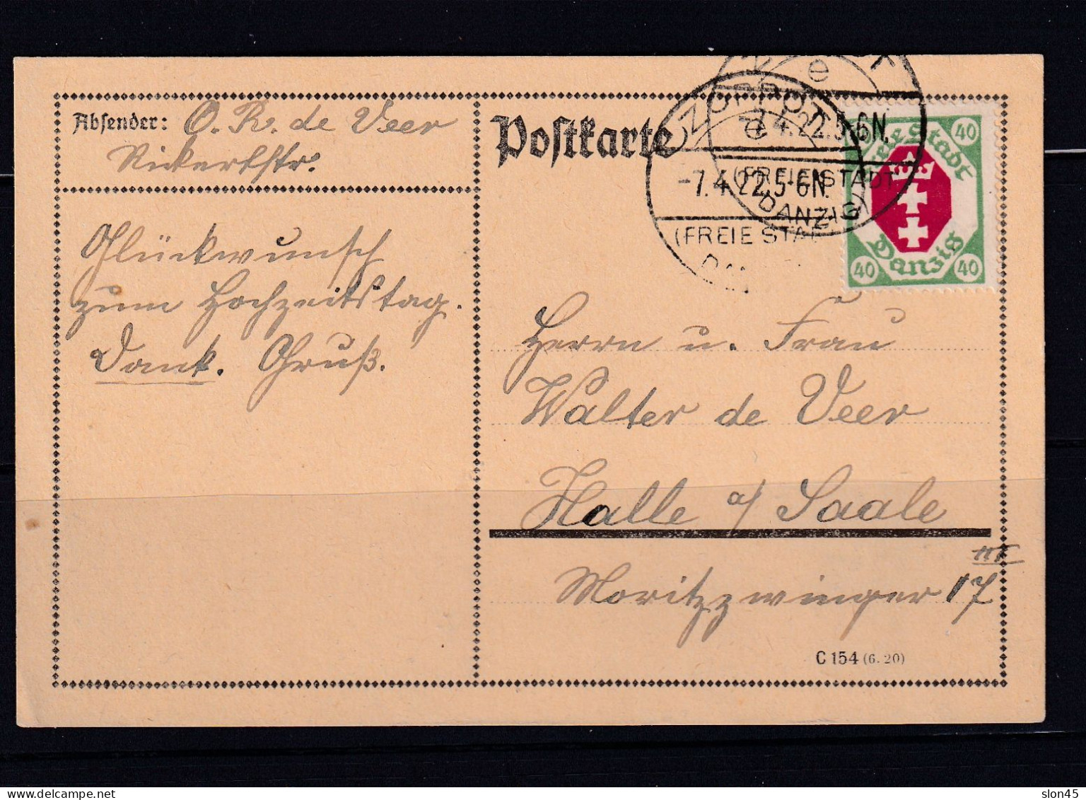 Germany Poland Danzig 1922 Post Card Franked By 40 Pf 15321 - Briefe U. Dokumente