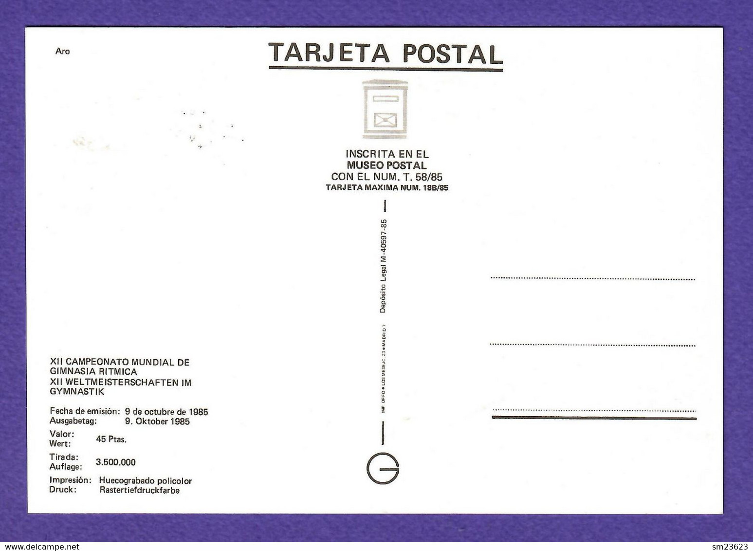 Espana / Spanien 1985 Mi.Nr. 2697 ,Weltmeisterschaften Rhythmischen Sportgymnastik- Maximum Card - Primer 9.OCTUBRE 1985 - Tarjetas Máxima