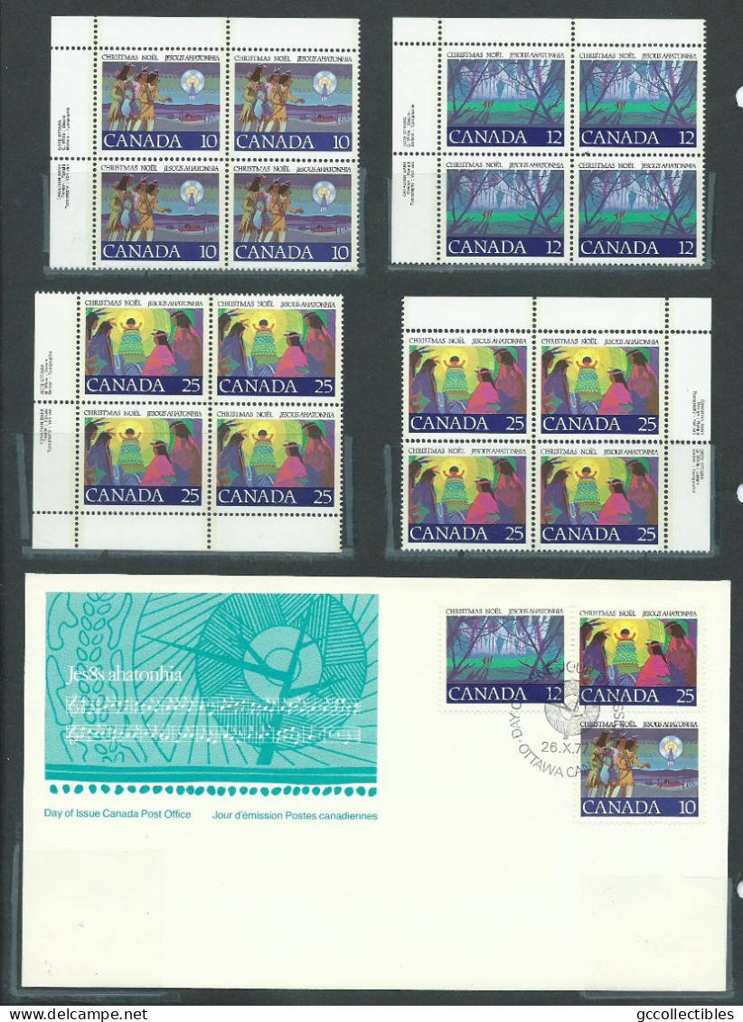 Canada # 741-742-743..5 PB. MNH + Combination FDC - First Christmas Carol - 1977 - Hojas Bloque